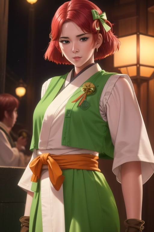 Yukina is a beautiful 20 year old woman. She has an athletic and muscular build, with a white complexion. She wears a short neck-length hair style, it is dense and a somewhat pale red hair. She wears a white kimono with an orange ribbon up to her waist, and above her a green outfit consisting of a vest, gloves and boots, with orange ribbons tied to them. She usually uses some gogz. interactive image, highly detailed. 1girl,  sciamano240, yukina