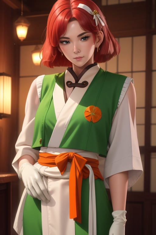 Yukina is a beautiful 20 year old woman. She has an muscular build, with a white complexion. She wears a short neck-length hair style, it is dense and a somewhat pale red hair. She wears a white kimono with an orange ribbon up to her waist, and above her a green outfit consisting of a vest, gloves and boots, with orange ribbons tied to them. She usually uses some gogz. interactive image, highly detailed. 1girl,  sciamano240, yukina