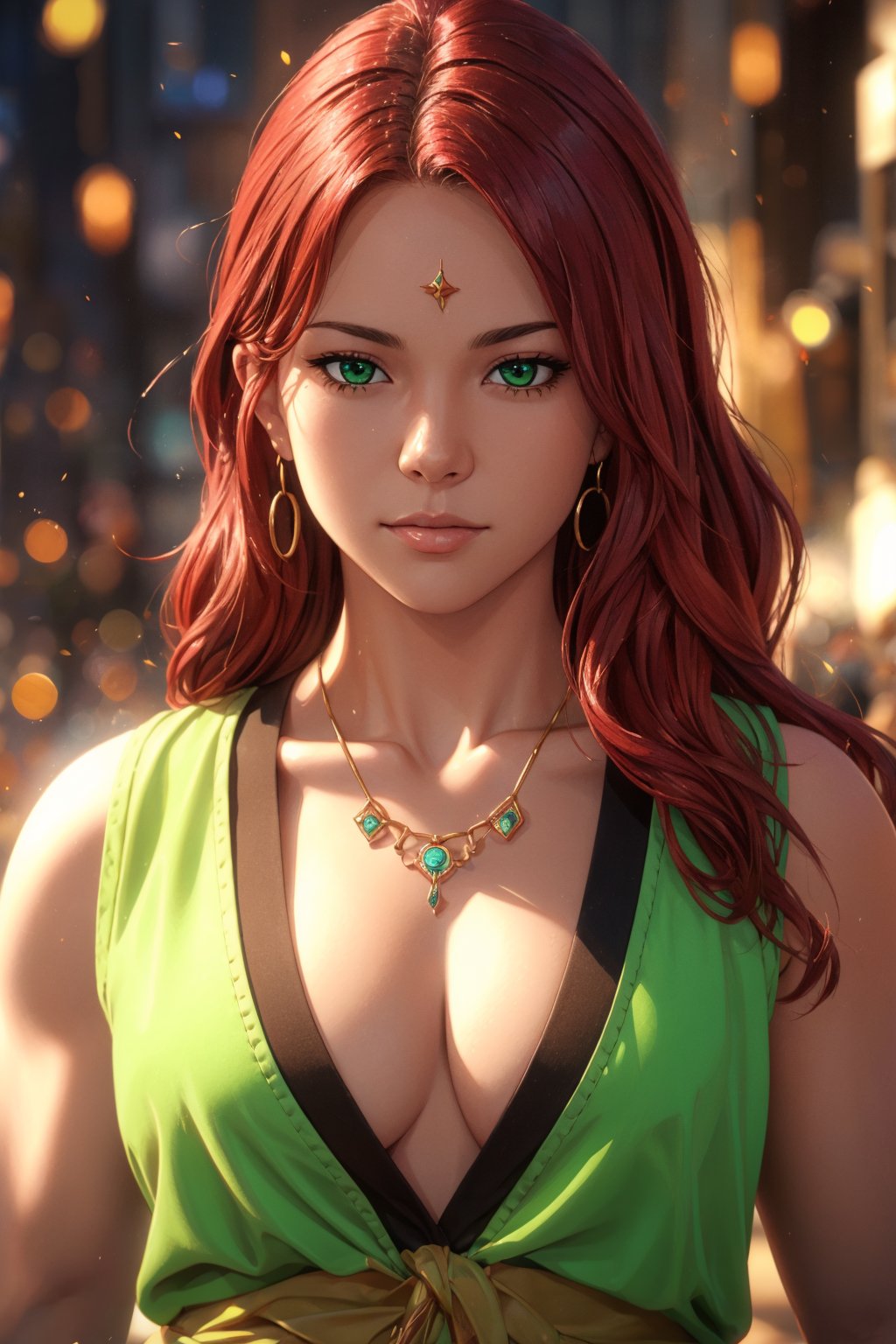 1girl, solo, Yukina, oil painting, impasto, looking at viewer, a young woman, 18 years old, red hair, shoulder length hair, green eyes, muscular figure, tribal necklace, urban psychedelic outfit, psychedelic  background, masterpiece, nijistyle, niji, ,sciamano240, soft shading, yukina,1 girl