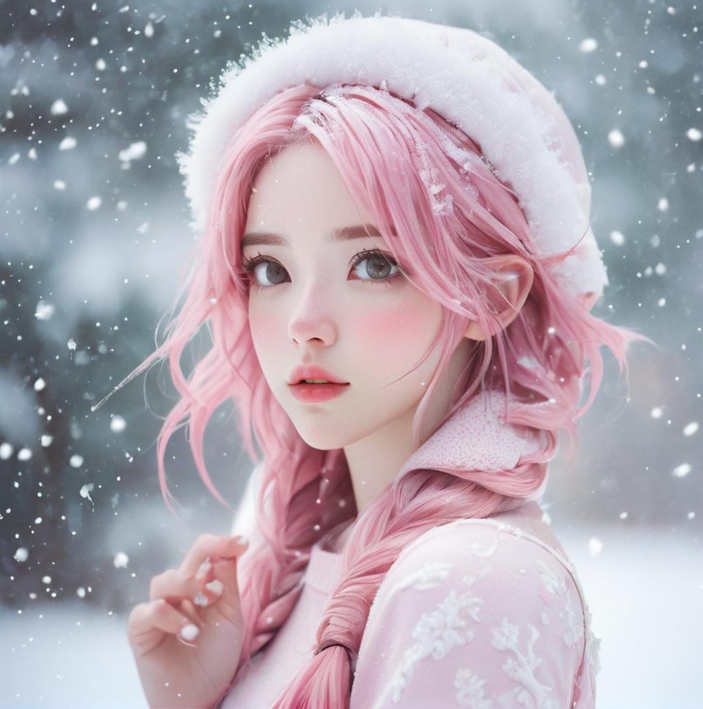 1 beautiful girl,Pink hair, white,snowing,  <lora:Joi Qiao:0.6><lora:blindbox_v1_mix:1.0>