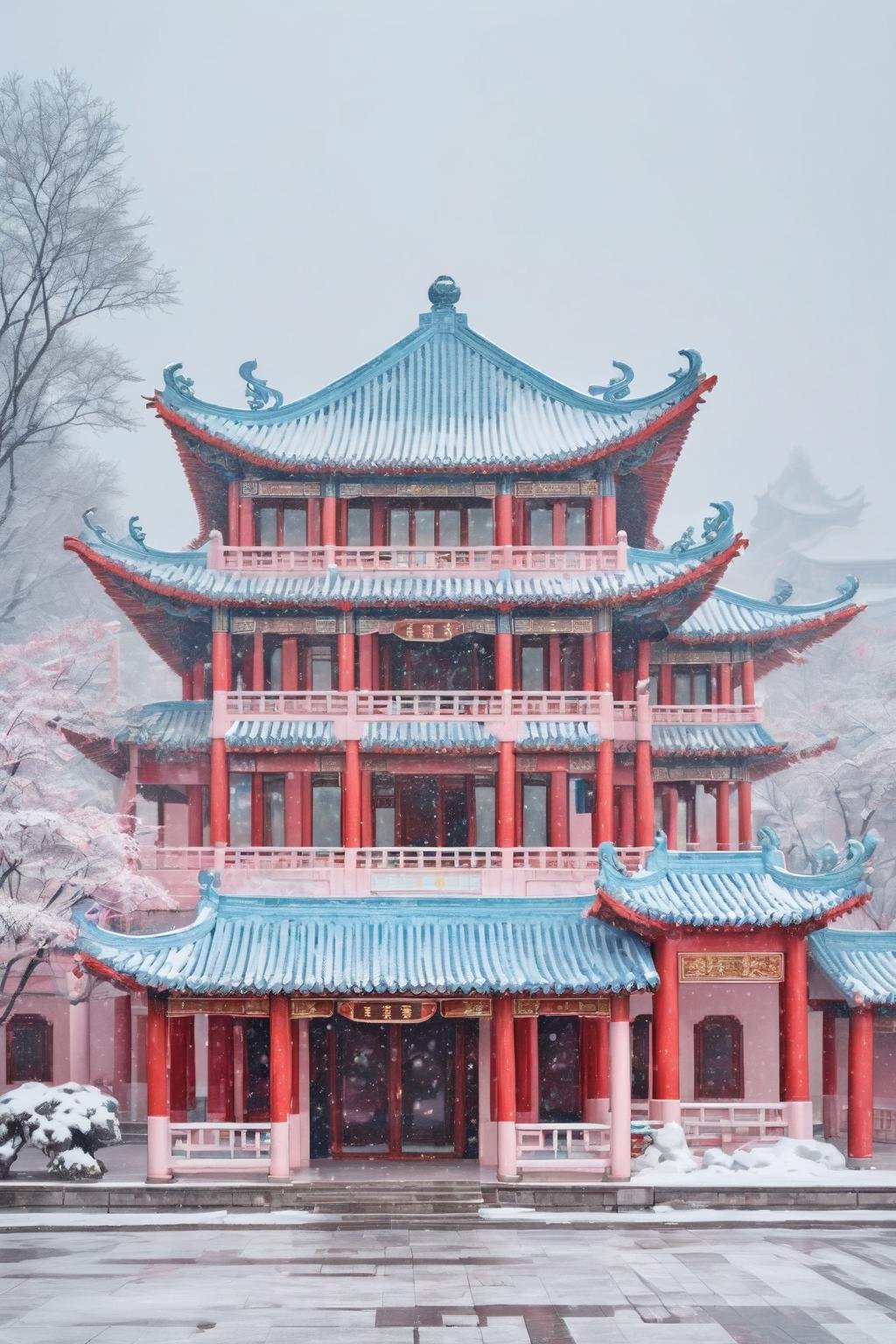 <lora:Chinese Architecture-R-0000011:0.6>,chinese architecture, Pink, white, light blue building with red columns and cornices, chinese tradition architecture,snowing, <lora:blindbox_v1_mix:1.0>