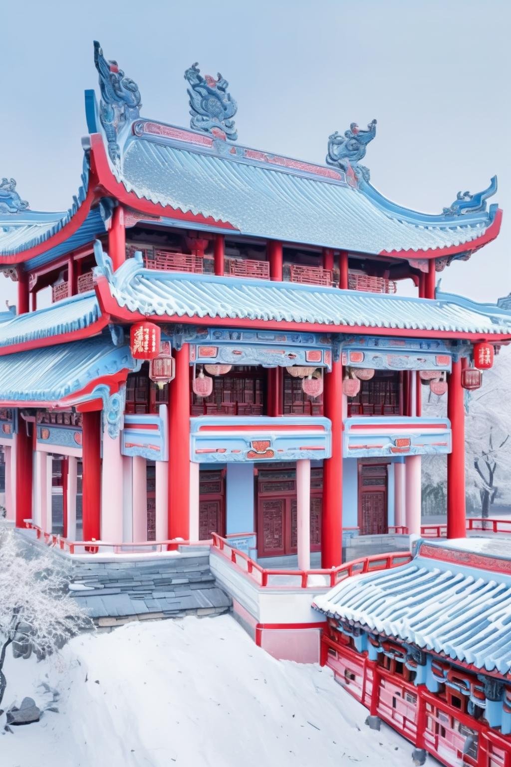 <lora:Chinese Architecture-R-000001:0.6>,chinese architecture, Pink, white, light blue building with red columns and cornices, chinese tradition architecture,snowing, <lora:blindbox_v1_mix:1.0>