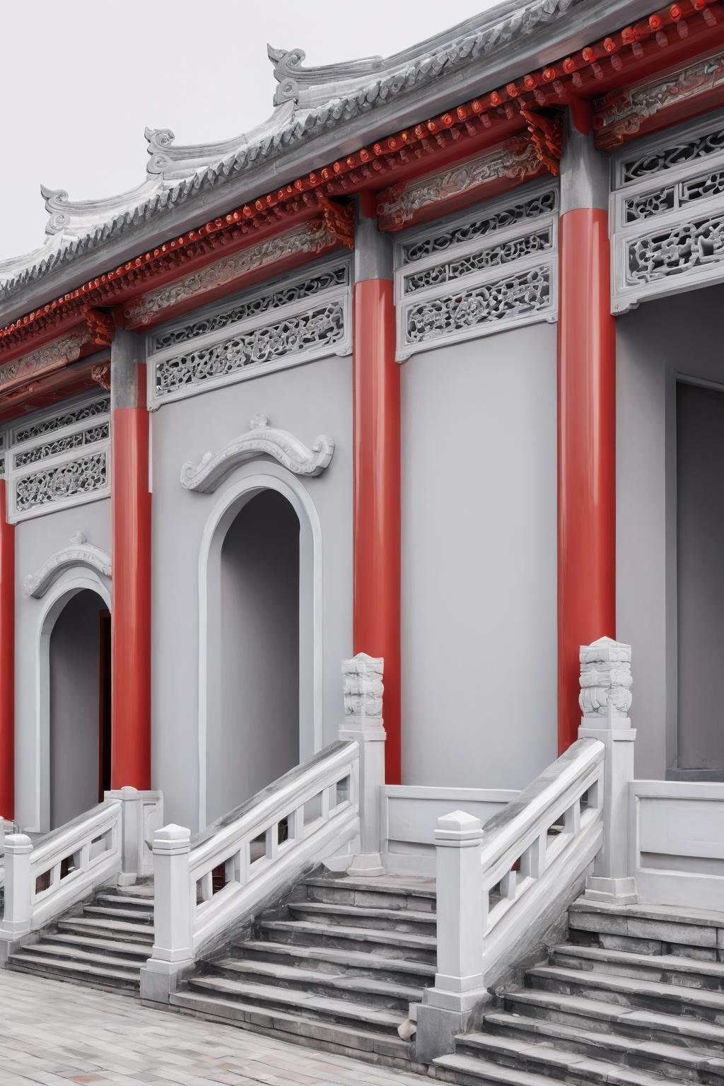 <lora:Chinese Architecture-R-0000011:0.6>,chinese architecture,chinese tradition architecture, Red and gray tone buildings, red columns, cornice corners, red guardrails, white steps, light gray lines, a simple and clean background<lora:blindbox_v1_mix:1.0>