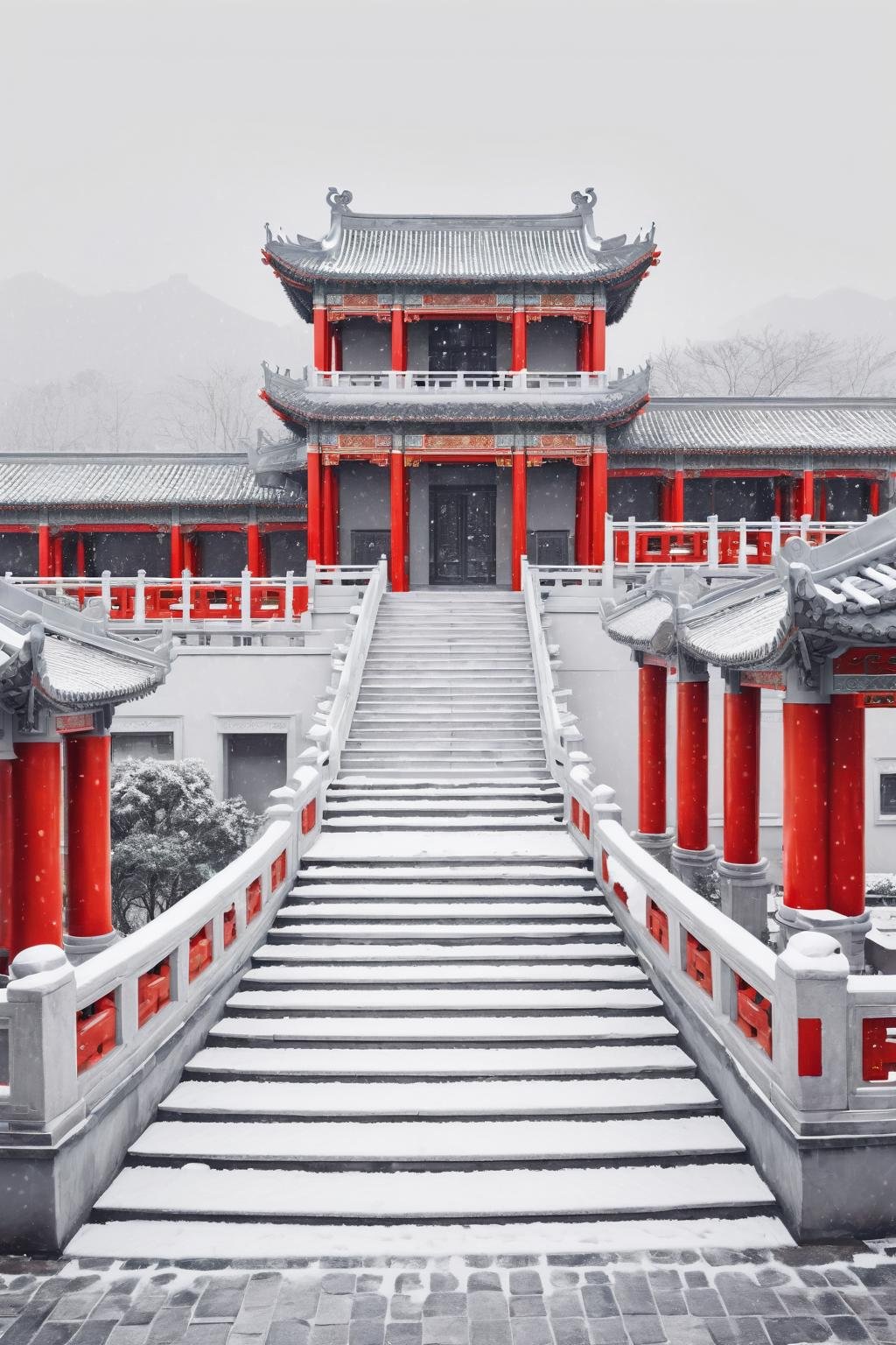 <lora:Chinese Architecture-R-0000011:0.6>,chinese architecture,chinese tradition architecture, Red and gray tone buildings, red columns, cornice corners, red guardrails, white steps, light gray lines, a simple and clean background,snowing, <lora:blindbox_v1_mix:1.0>