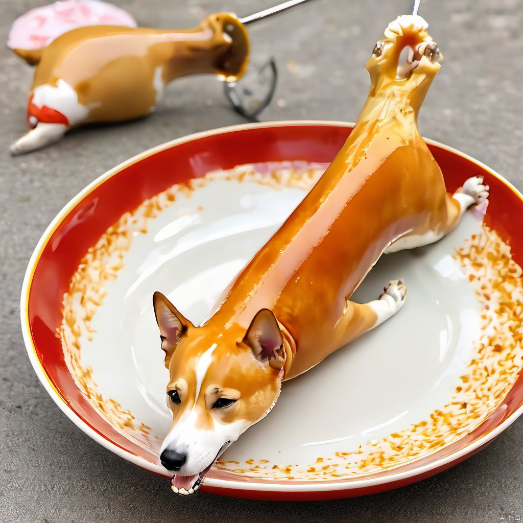 cpdog,fry dog,dog lying,corgi,teeth,1dog,full dog,dog meat, dried chili, star anise, bay leaf, cinnamon, millet pepper,dish,dog on porcelain plate,lying on porcelain plate, 