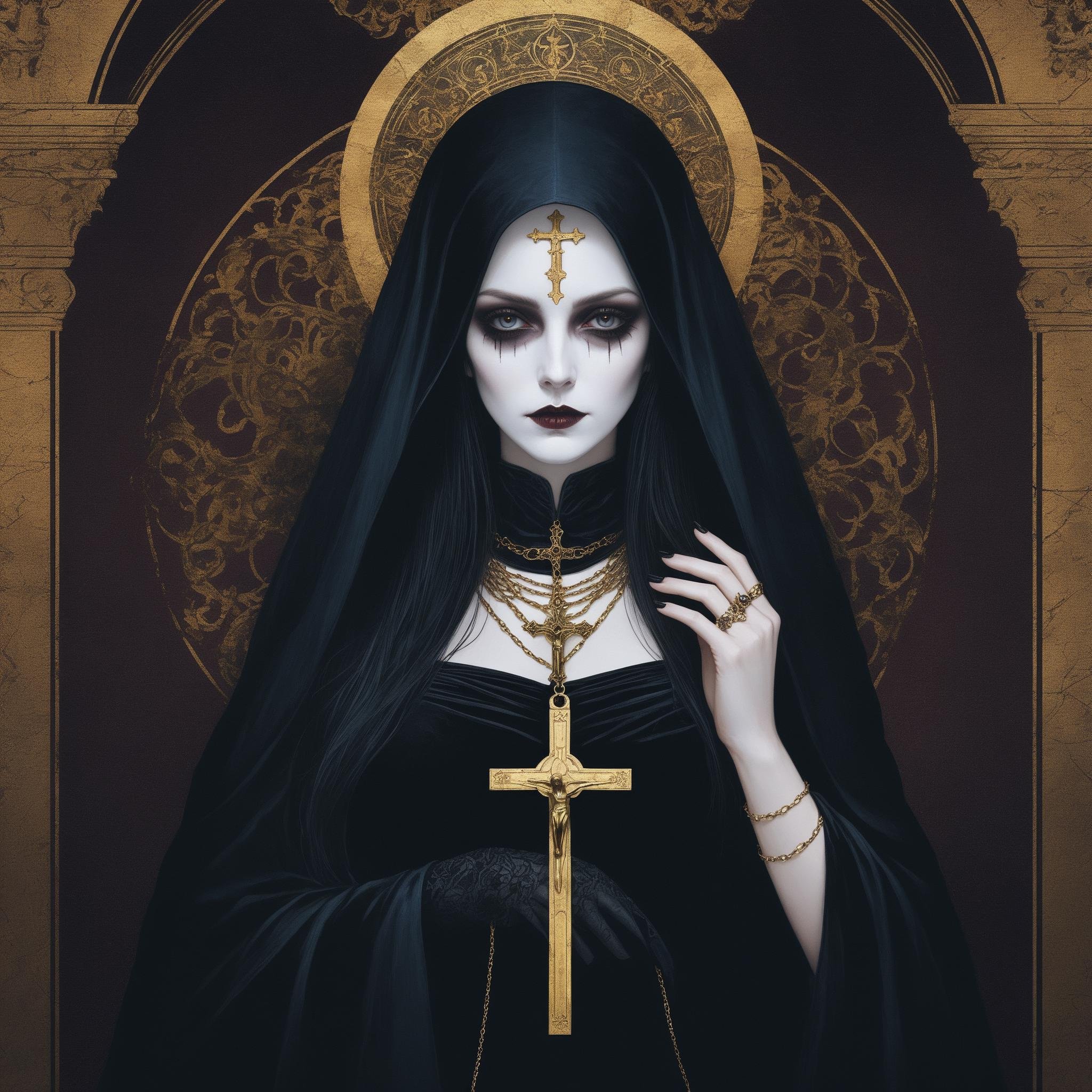 A lady of faith,(masterpiece, top quality, best quality, official art, beautiful and aesthetic:1.2) ,cover art,illustration minimalism, macabre style Velvet "The Art of Ancients", dark, gothic, grim, haunting, highly detailed