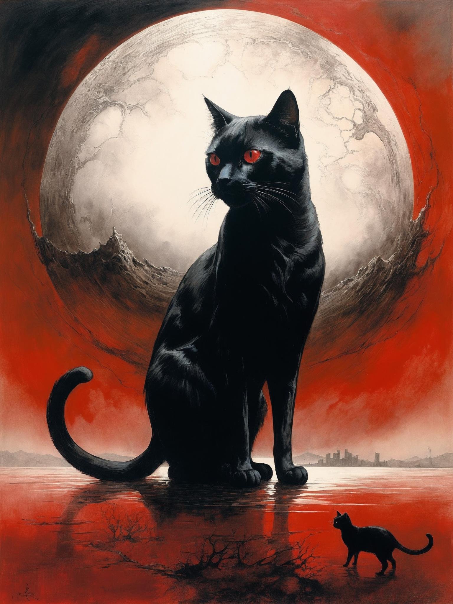 (the passing of time at the end of the world:1.4),(horror:1.2),ultra-detailed,surreal,strange,haunting,red,black,whitesmoke,(monochrome,painting romanticism era,black ink blot,Maurice Sapiro,zdzislaw Beksinski,:0.6),one standing black cat, smooth cat black skin