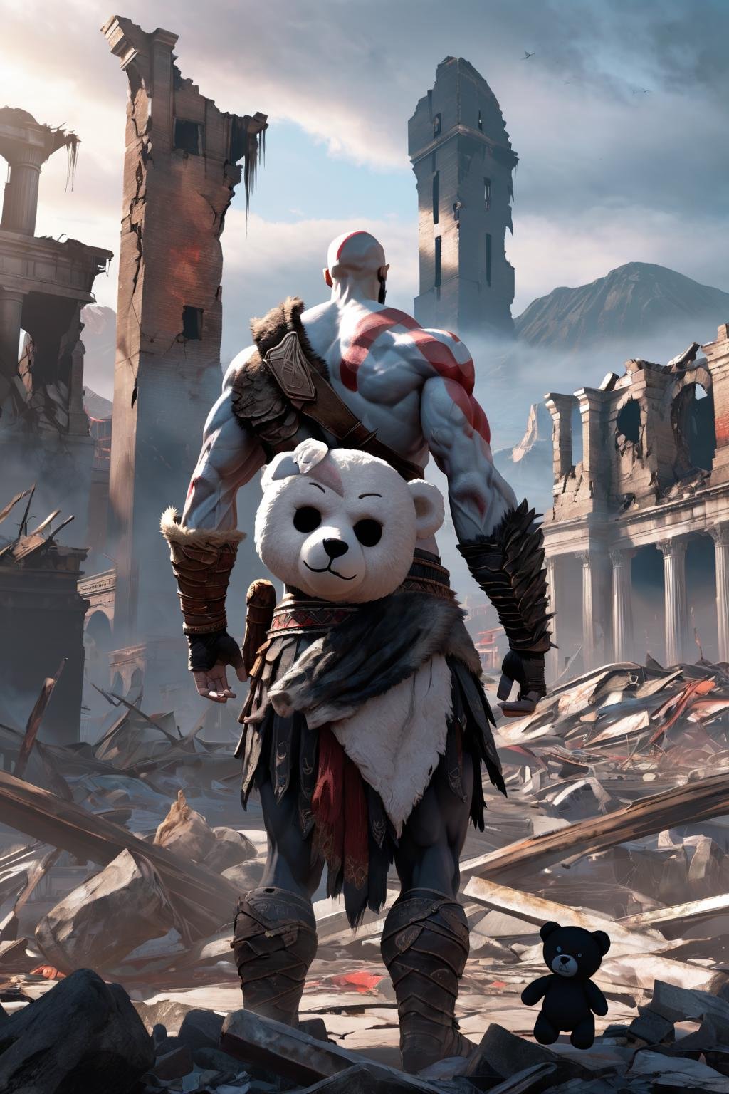 god of war,looking back at viewer,upper body,standing,bagging a black Evil Ghost Face teddy bear,against the backdrop of the (ruined city:1.1) unreal engine style of Artgerm finely detail,ultra-detailed,highres,