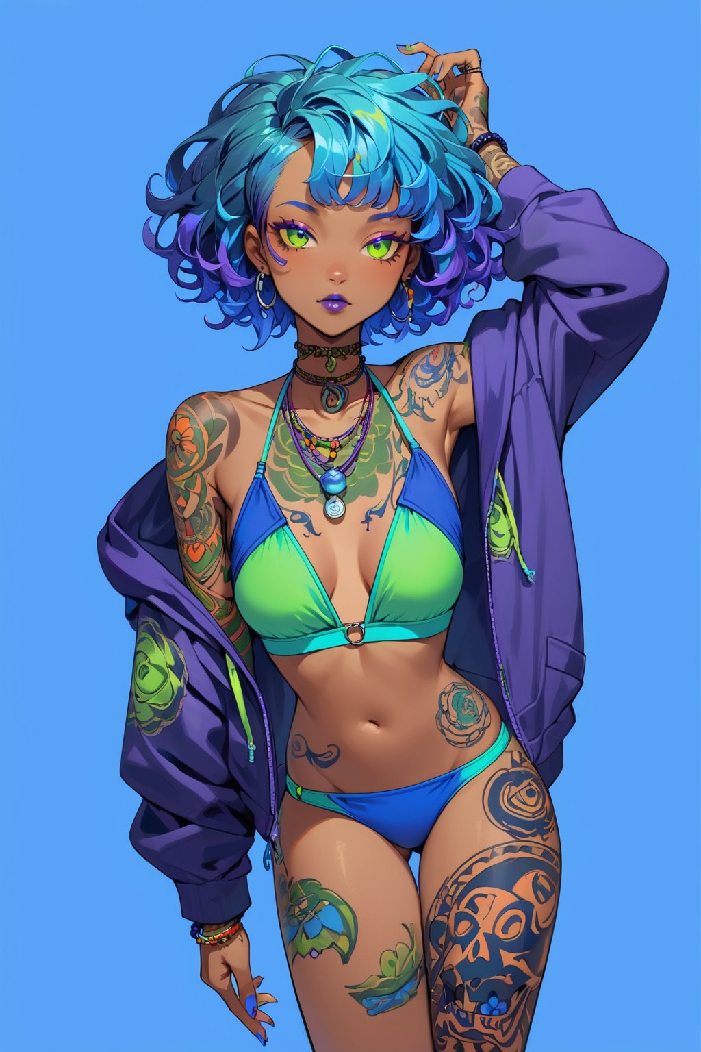 (A African black woman:1) blue curly short hair style,holding a blueberry,( Her decked out in an blue blueberry themed ensemble),complete with (green bikini and hoodie) . Her laid-back demeanor contrasts with the vibrant,spooky accessories. ((on a pure blue background)). array of tattoos,