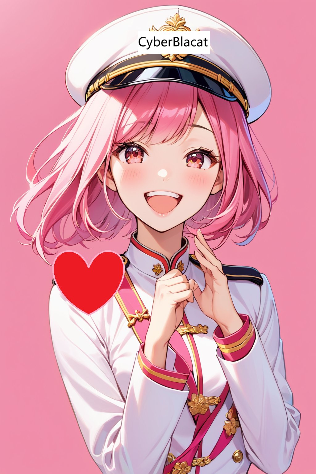 ((upper body of fashion pose, A gorgeous asian girl is happy and laughing:1.2)) ((pure pink background)) likely in her mid-twenties,stands confidently. She has pink hair under a stylish hat,her expression one of determined authority. Her uniform suggests a whimsical military influence,complete with medals and a large,heart-shaped emblem.,