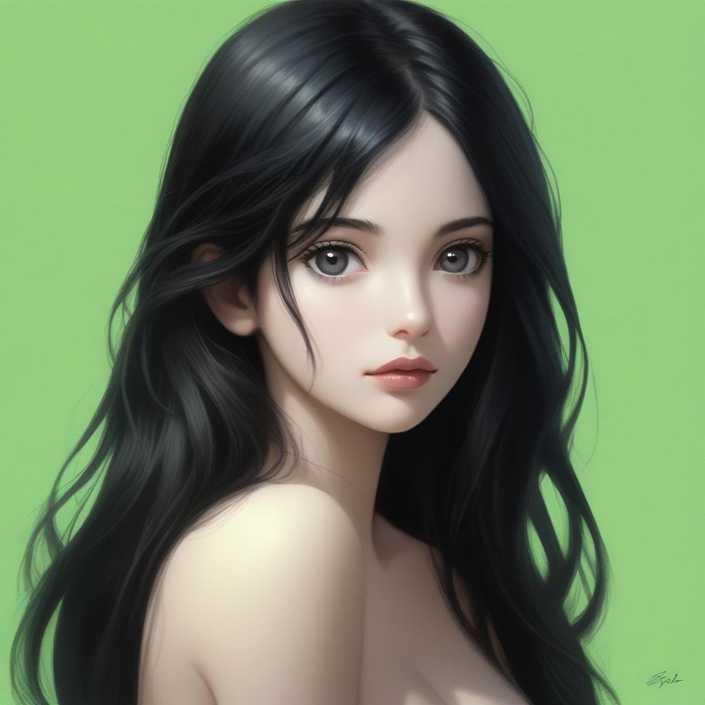 1girl, solo, breasts, black hair, long hair, realistic, looking at viewer, green background, parted lips, bare shoulders, lips, black eyes, upper body, off shoulder, medium breasts