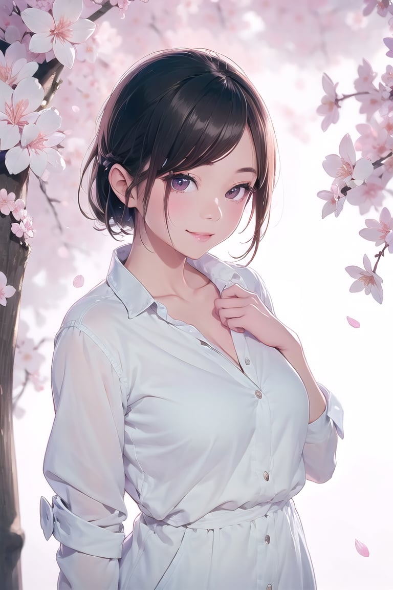 Masterpiece, beautiful details, perfect focus, uniform 8K wallpaper, high resolution, exquisite texture in every detail,
1 girl, solo, looking at the viewer, smile, simple background, long sleeves, handheld, cherry blossoms,（ black background：1.8）
pastel,perfect light,pastel