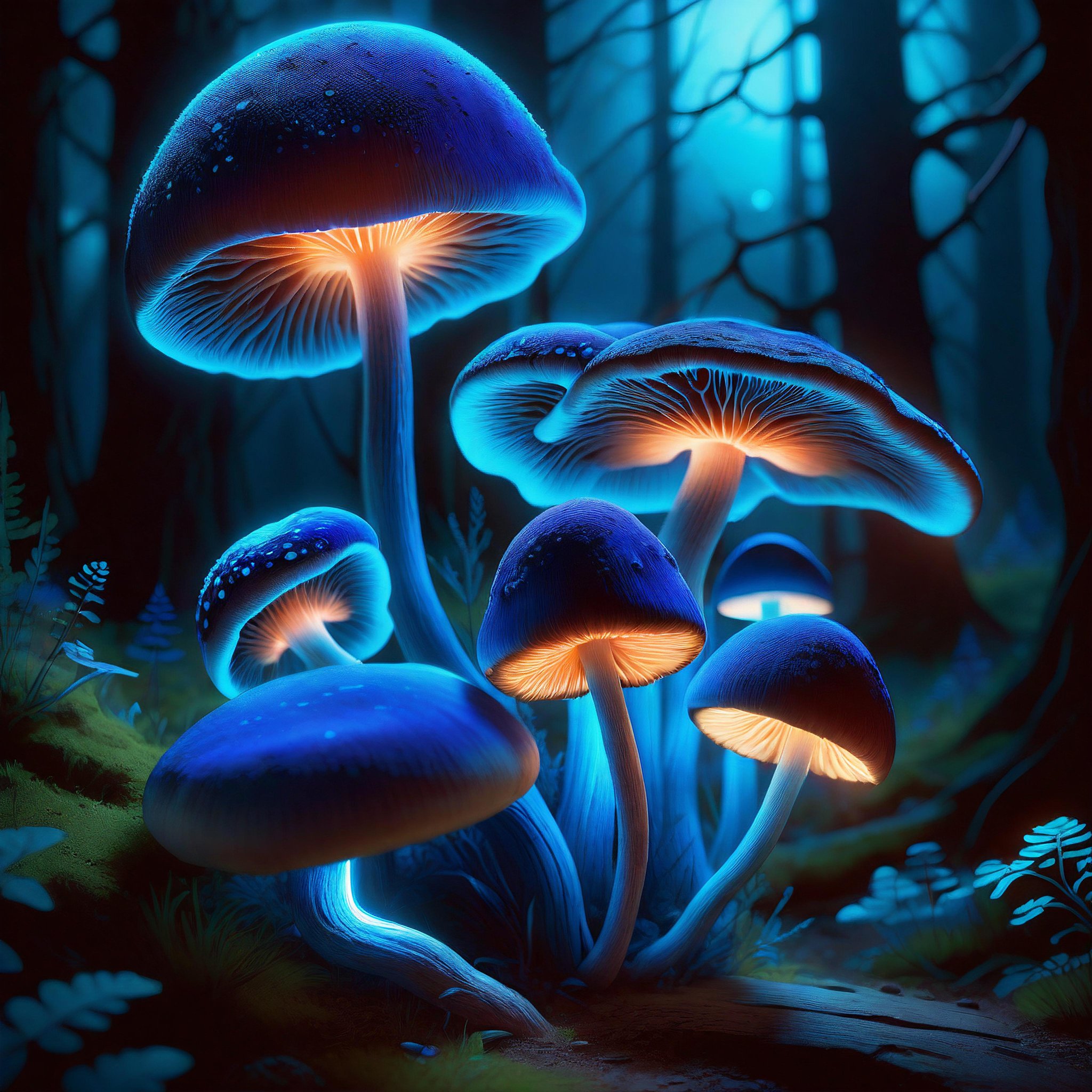 Positive prompt:Digital Artwork:1.3 of an octane render of a nocturnal landscape, where a cluster of bioluminescent fungi thrives with an intense, radiant blue glow. This serene tableau is captured in a digital painting style that expertly blends realism with a touch of the otherworldly, aiming for an 8k resolution. The palette is a study in contrasts, with deep indigo and electric blue hues dominating, accented by subtle shades of ultramarine and teal. Light plays off the smooth surfaces of the fungi, with skillful use of shading and highlights that give the scene a luminous quality. The composition is meticulously crafted to create an atmosphere of wonder and tranquility, with each mushroom cap glowing like a beacon in the darkness. This image, suitable for a high-concept art piece or a visually stunning game environment, emphasizes a deep depth of field and a global illumination technique that enhances the intricate details and surreal beauty of this enchanting, glowing forest. Blue lighting everywhere