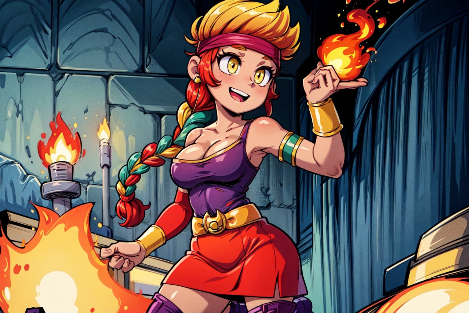 (masterpiece,best quality,4k),amberBS, 1girl, orange hair, headband, braid, single braid, dark skin, dark-skinned female,yellow_eyes, earrings, shirt, cleavage, bare shoulders, bracer, armband, armlet, belt, red skirt, purple boots,happy_face,hand_raised,hand on fire