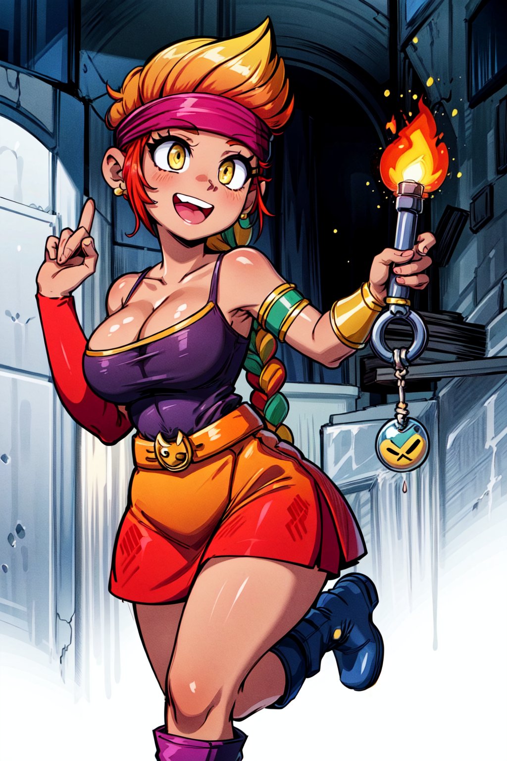 (masterpiece,best quality,4k),amberBS, 1girl, orange hair, headband, braid, single braid, dark skin, dark-skinned female,yellow_eyes, earrings, shirt, cleavage, bare shoulders, bracer, armband, armlet, belt, red skirt, purple boots,happy_face,hand_raised,hand on fire