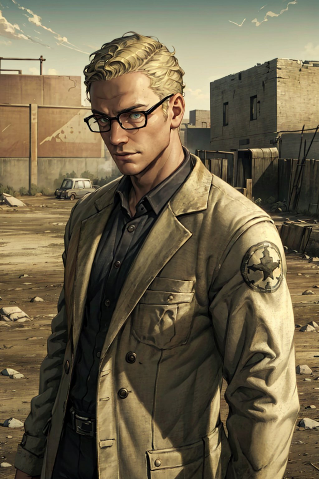 1boy, solo, Arcade Gannon, Fallout: New Vegas, doctor, scientist, 35 years old, tall, blonde hair, short hair, green eyes, wore glasses, handsome, grey collared shirt, white lab coat, military pants, black combat boots, perfect anatomy, perfect proportions, 8k, HD, HQ, (best quality:1.2, masterpiece, madly detailed photo), detailed, perfect face, perfect eye pupil, detailed eyes, high_resolution, perfecteyes, (upper body in frame, portrait), handsome, charming, alluring, sexy, erotic, Fallout: New Vegas location, Mojave Wasteland, post-apocalyptic ruins, desolated landscape, dark blue sky,(dutch angle)