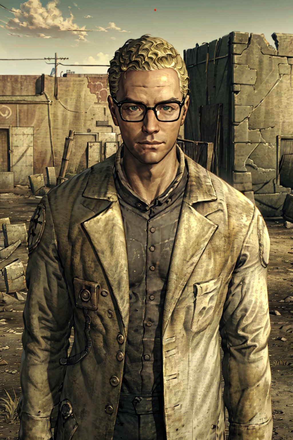 1boy, solo, Arcade Gannon, Fallout: New Vegas, doctor, scientist, 35 years old, tall, blonde hair, short hair, green eyes, wore glasses, handsome, grey collared shirt, white lab coat, military pants, black combat boots, perfect anatomy, perfect proportions, 8k, HD, HQ, (best quality:1.2, masterpiece, madly detailed photo), detailed, perfect face, perfect eye pupil, detailed eyes, high_resolution, perfecteyes, (upper body in frame, portrait), Fallout: New Vegas location, Mojave Wasteland, post-apocalyptic ruins, desolated landscape, dark blue sky,(dutch angle)