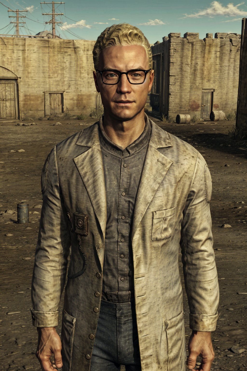 1boy, solo, Arcade Gannon, Fallout: New Vegas, doctor, scientist, 35 years old, tall, blonde hair, short hair, green eyes, wore glasses, handsome, grey collared shirt, white lab coat, military pants, black combat boots, perfect anatomy, perfect proportions, 8k, HD, HQ, (best quality:1.2, masterpiece, madly detailed photo), detailed, perfect face, perfect eye pupil, detailed eyes, high_resolution, perfecteyes, (upper body in frame, portrait), Fallout: New Vegas location, Mojave Wasteland, post-apocalyptic ruins, desolated landscape, dark blue sky