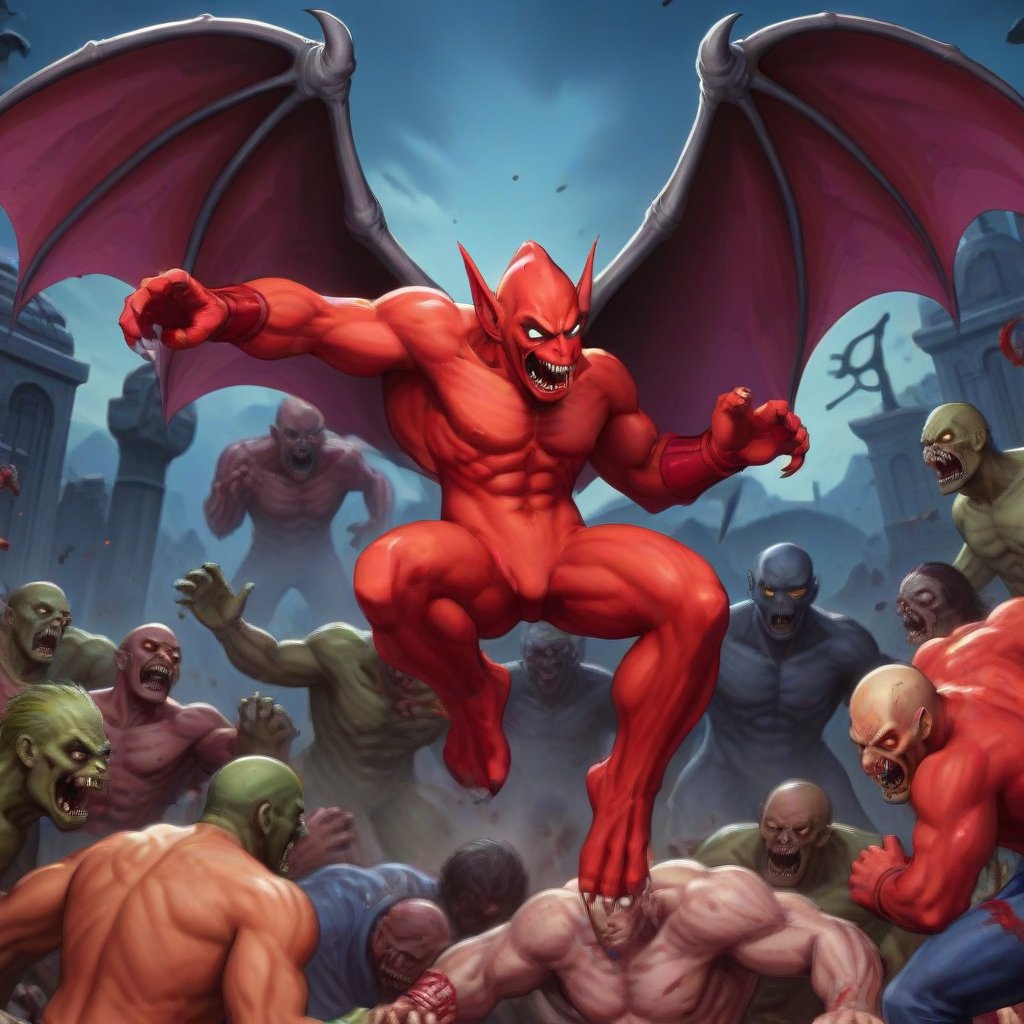 red arremer, the naked red demon (batlike wings, very toned muscles) is fighting a group of zombies. arremer is shooting a fireball from his mouth, redarremer, graveyard, zombies walking around. capcom,<lora:659095807385103906:1.0>