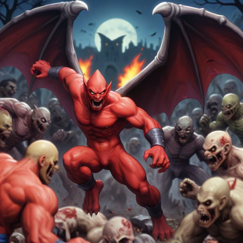 red arremer, the naked red demon (batlike wings, very toned muscles) is fighting a group of zombies. arremer is shooting a fireball from his mouth, redarremer, graveyard, zombies walking around. capcom,<lora:659095807385103906:1.0>