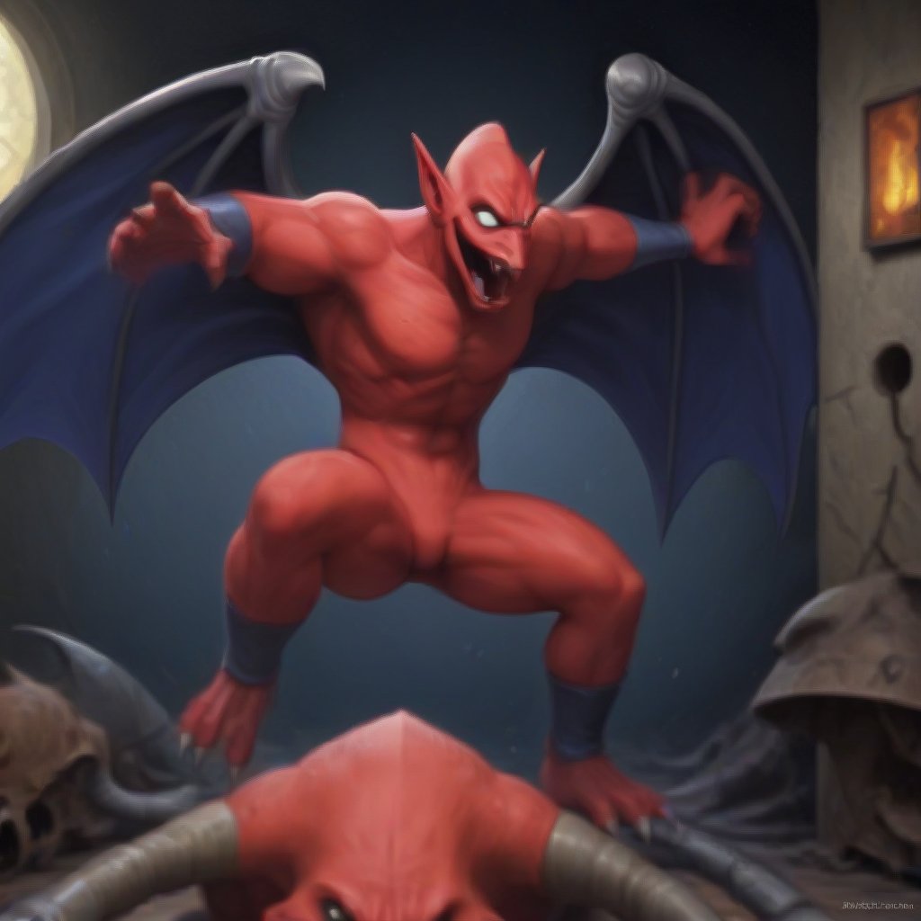 erotic action shot of red arremer thrusting his featureless crotch in your face, red demon, muscular male body, featureless crotch, bat wings, oil painting, sharp details,\\\"first person perspective\\\"1.5)  redarremer,redarremer,3D MODEL,disney pixar style, capcom style poster.,<lora:659095807385103906:1.0>