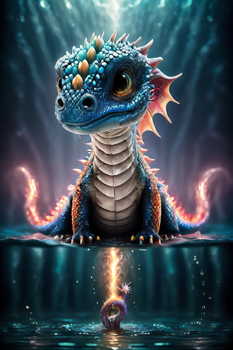 Realistic, hyper detailed, award winning masterpiece, full body portrait, ((ultra-high resolution 16k intense color portrait)), in the deep ocean, baby dragon,dragon, ultra realistic, Hyper, vibrant light, storm, clouds, lightning, rough weather cinematic background