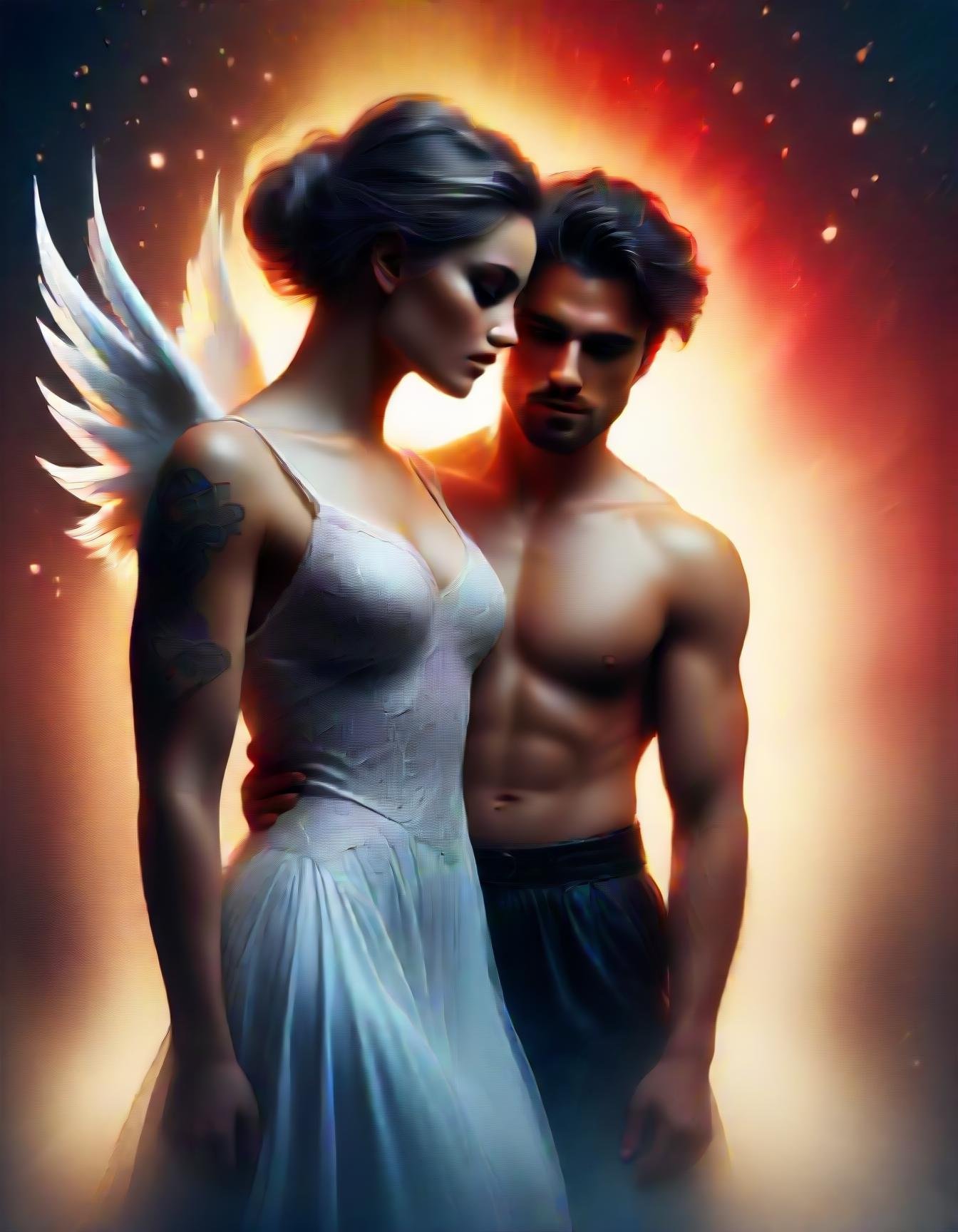 (inkpunk style) isometric view of a female demon in a white dress hugging and a dark fantasy white male (angel) with black suit and (red) wings, dramatic scene, soft light from the left side, flying particles, new york bridge in the background,detailed eyes, dry skin, skin fuzz, visible skin hair, skin blemishes, shallow depth of field, vignette, highly detailed, high budget Hollywood film, bokeh, cinemascope, moody, epic, gorgeous, film grain  