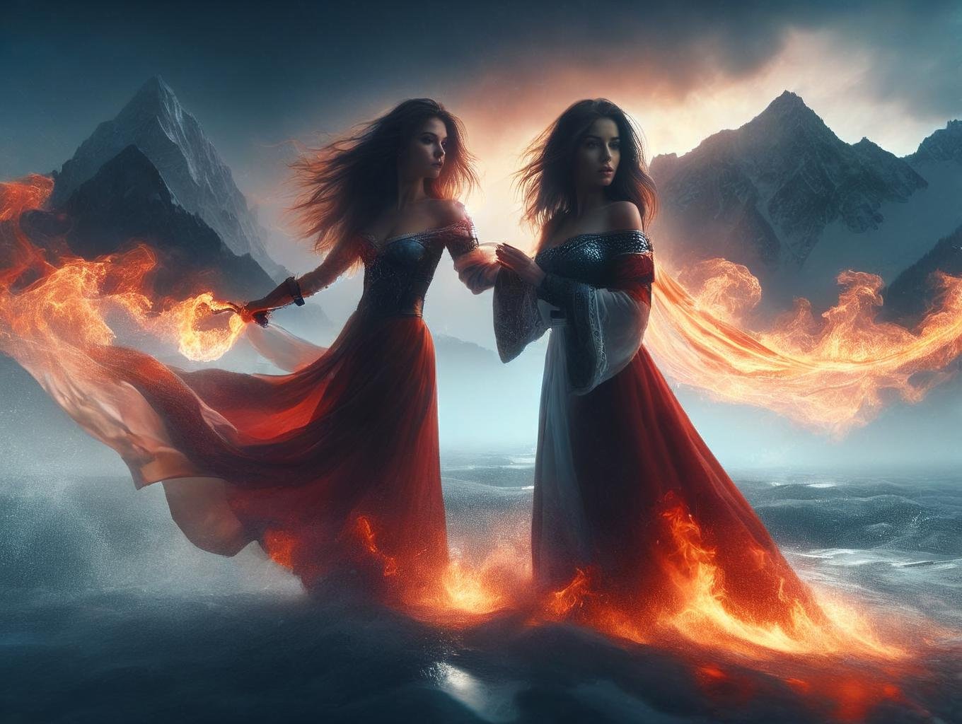 a woman in dream with long hair standing in the water with a fire in the background and a sky filled with clouds, Cyril Rolando, surreal photography, a matte painting, fantasy art, white luminous fog,octane render, Unreal Engine 5, Cinematic, Color Grading, portrait Photography, Ultra-Wide Angle, Depth of Field, hyper-detailed, insane details, Photoshoot, Shot on 70mm lens, Tilt Blur, Shutter Speed 1/1000, F/22And, by aderek, by Pawel Tomczuk,<lora:sdxl_lora_archer:0.6>  <lora:PerfectEyesXL:0.7> <lora:sdxl_lora_swordsman:0.6> <lora:sdxl_lora_dream:0.8>