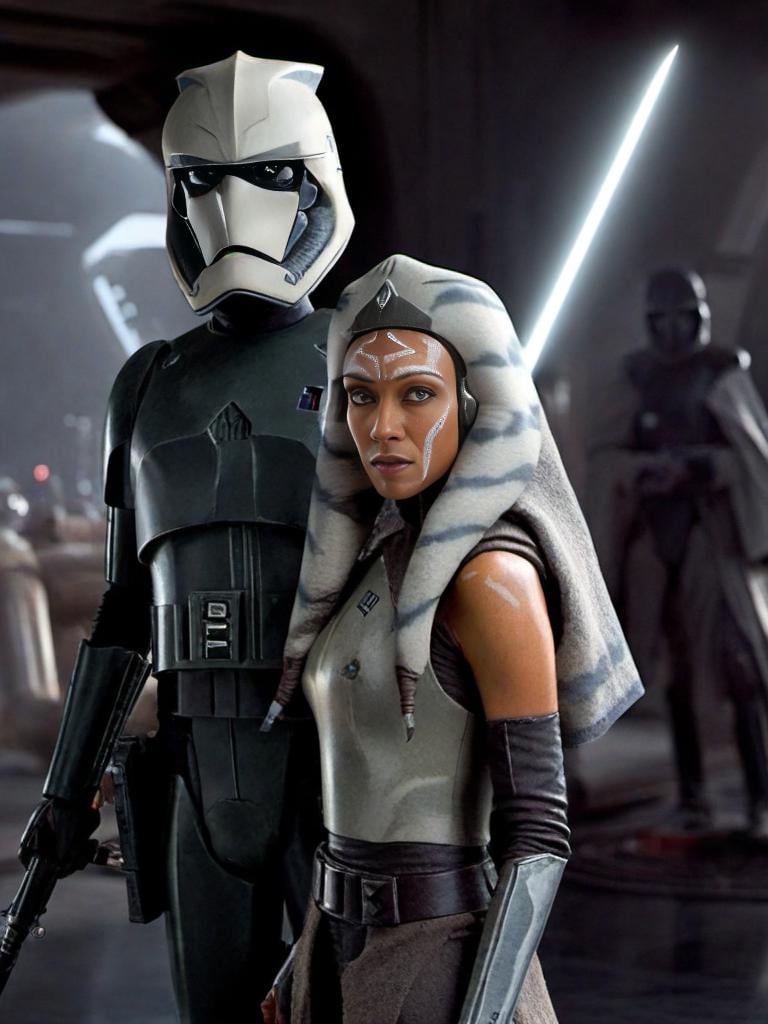 ahsoka and  stormtrooper is standing in a dark room, stormtrooper , dynamic pose<lora:sdxl_lora_stormtrooper:1> <lora:sdxl_lora_ahsoka:0.6>