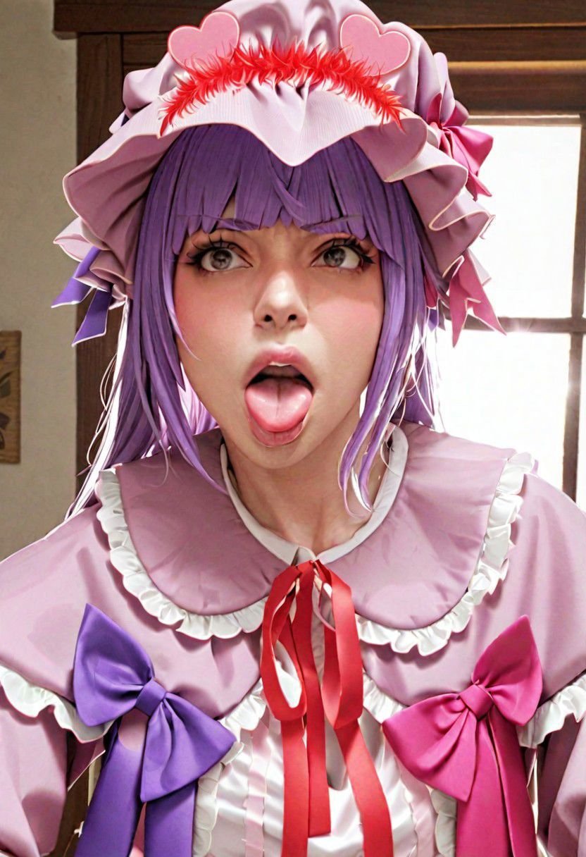 Patchouli Knowledge ahegao. realistic, 8K, masterpiece, ultra-realistic, high-definition, detailed facial features, natural lighting, expressive eyes, textured skin, subtle shading, dynamic pose, elegant attire, vibrant colors, atmospheric background, beautiful face, heavy eyeshadow, mascara, bright pink lipstick, (attractive:1.2), (makeup:1.2), bad_pictures, FastNegativeV2