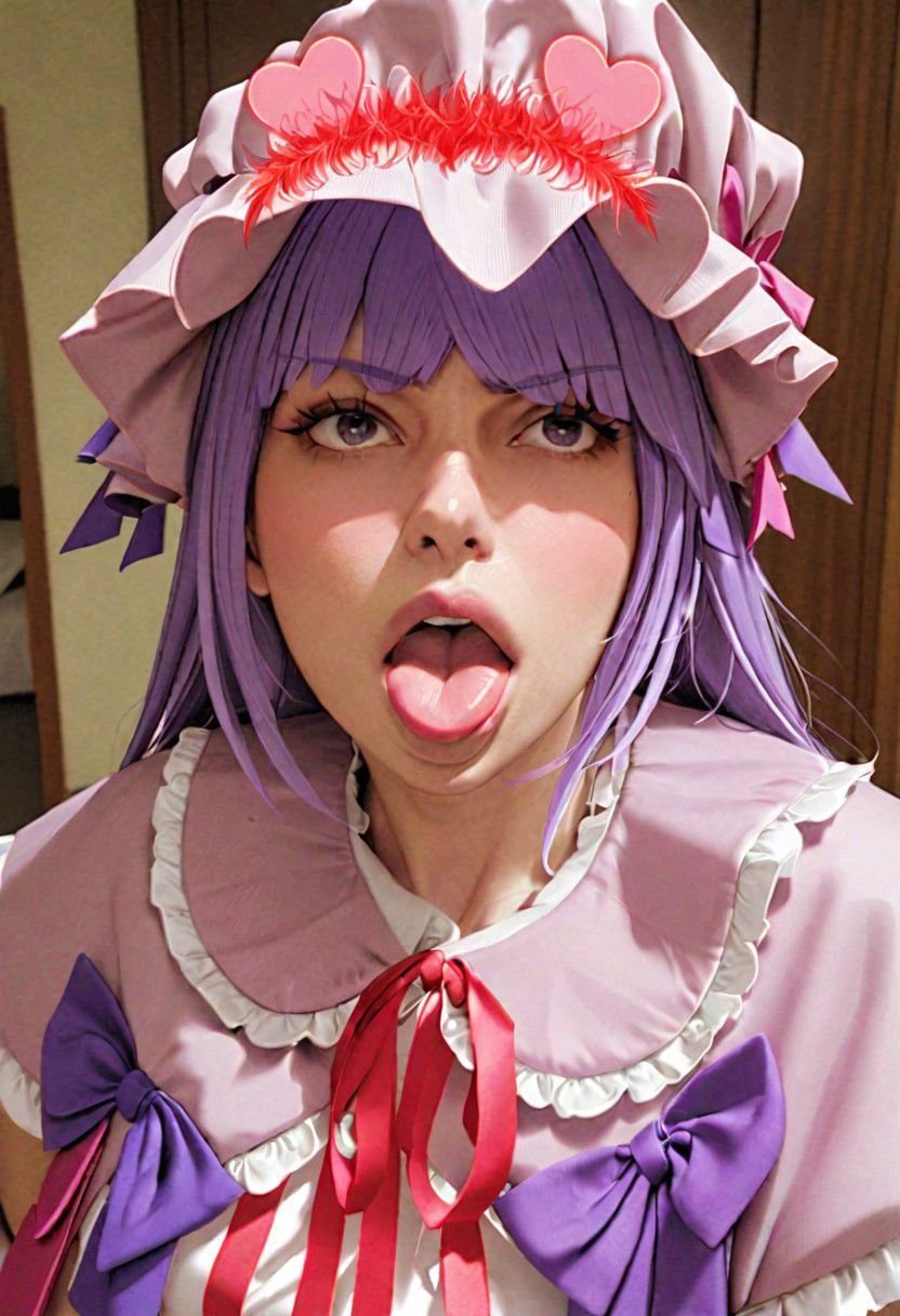 Patchouli Knowledge ahegao groping herself. realistic, 8K, masterpiece, ultra-realistic, high-definition, detailed facial features, natural lighting, expressive eyes, textured skin, subtle shading, dynamic pose, elegant attire, vibrant colors, atmospheric background, beautiful face, heavy eyeshadow, mascara, bright pink lipstick, (attractive:1.2), (makeup:1.2), bad_pictures, FastNegativeV2