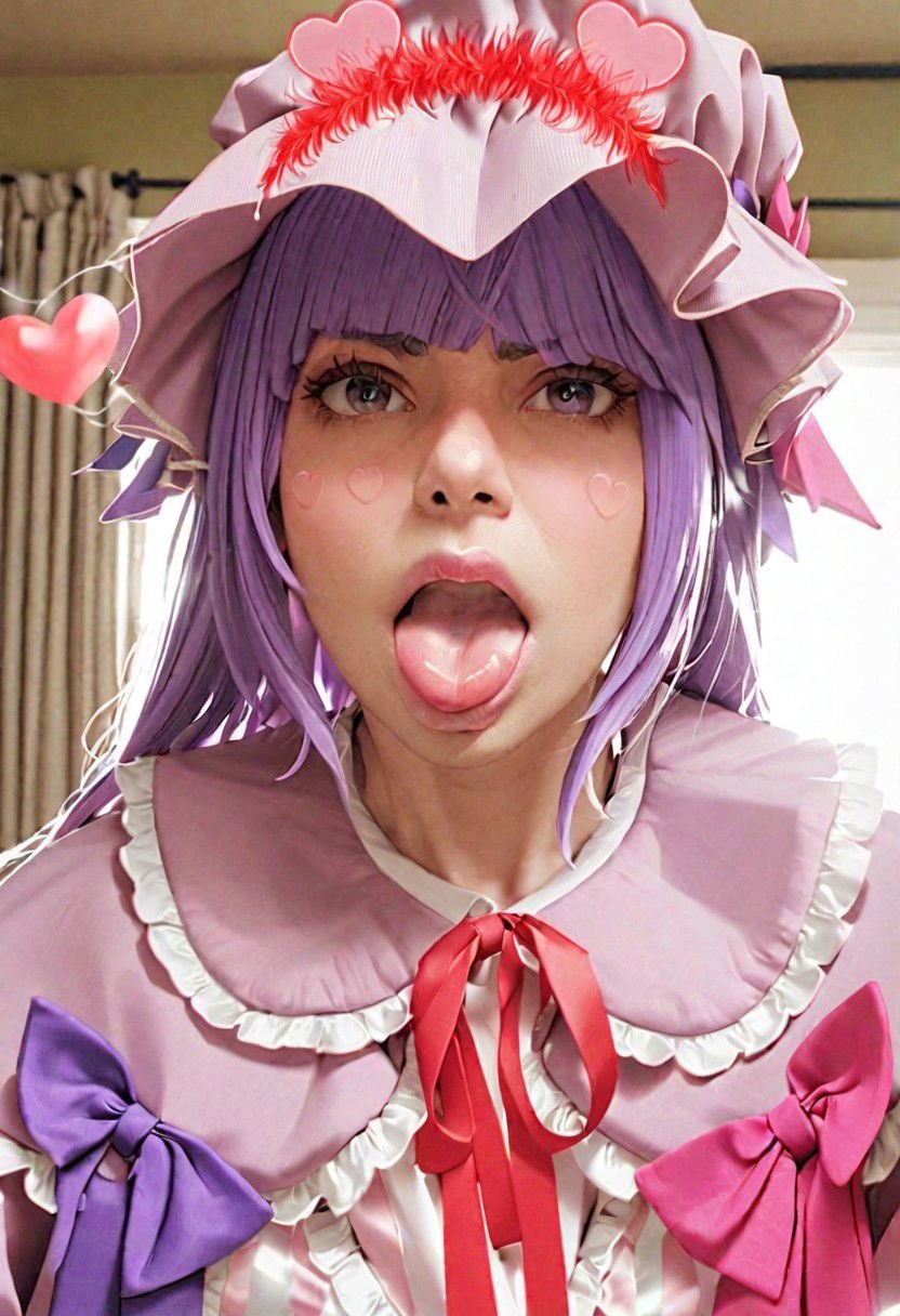 Patchouli Knowledge ahegao groping herself. realistic, 8K, masterpiece, ultra-realistic, high-definition, detailed facial features, natural lighting, expressive eyes, textured skin, subtle shading, dynamic pose, elegant attire, vibrant colors, atmospheric background, beautiful face, heavy eyeshadow, mascara, bright pink lipstick, (attractive:1.2), (makeup:1.2), bad_pictures, FastNegativeV2