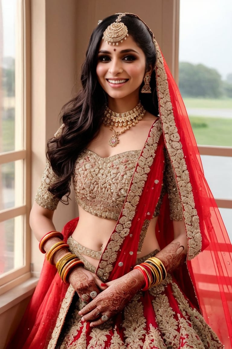 1girl, solo, long hair, looking at viewer, smile, black hair, jewelry, necklace, bracelet, window, tattoo, ring,indian_bride