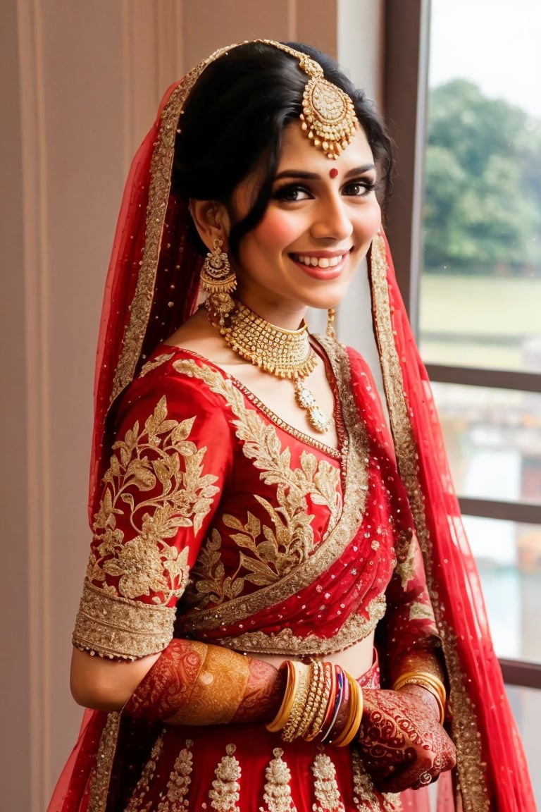 1girl, solo, long hair, looking at viewer, smile, black hair, jewelry, necklace, bracelet, window, tattoo, ring,indian_bride