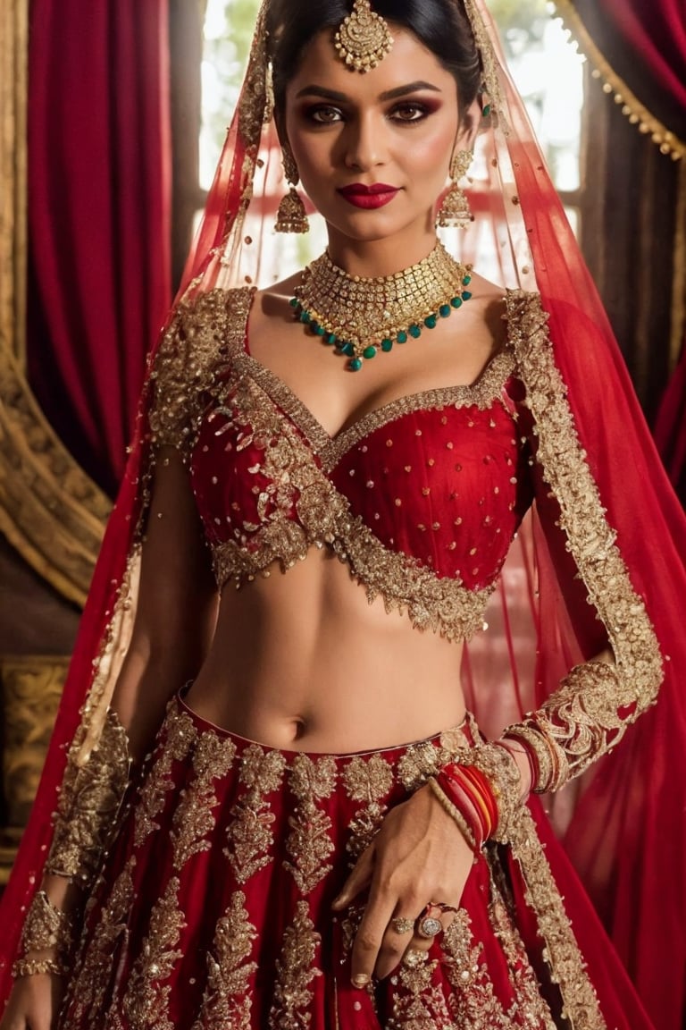 1girl, solo, looking at viewer, black hair, jewelry, midriff, necklace, bracelet, makeup, ring, curtains, veil, realistic, red theme, indian_bride