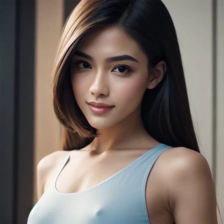 Aesthetic, best quality image, (((Filipino-Italian blood mix))), ((smiling)), (((black straight thin hair))), (((highly detailed black Filipino eyes 1.4))), Kite face shape:0.08, High resolution soft skin complexion, close set tiny eyes, Thin rounded eye brows:2.85, small thin lips:2.5, Beautiful perfect teeth, concave contour:0.85 nose, straight base nose, medium nose, pointed ear, tender small breast, (((white skin complexion))), (((wearing light blue 2 piece swim wear))), Thin string micro triangle bra , T string bikini, correct physical anatomy, correct hand and fingers arrangement, full body portrait, model shoot style from legs to head, looking at viewer, High detail RAW color photo professional photo, (realistic, photo realism:1.4), (highest quality), (best shadow), ultra high resolution, highly detailed CG unified 8K wallpapers, depth of field, cinematic lighting, dark back ground, masterpiece, 16k, high details, high resolution, beautiful eyes, (delicate face), perfect detail, perfect feet, sexy legs, medium breast, lots of exposed skin, full body, cinematic lighting, dark studio, ((hyper detailed face)),((hyper detailed eyes)),(((exposed thighs)))