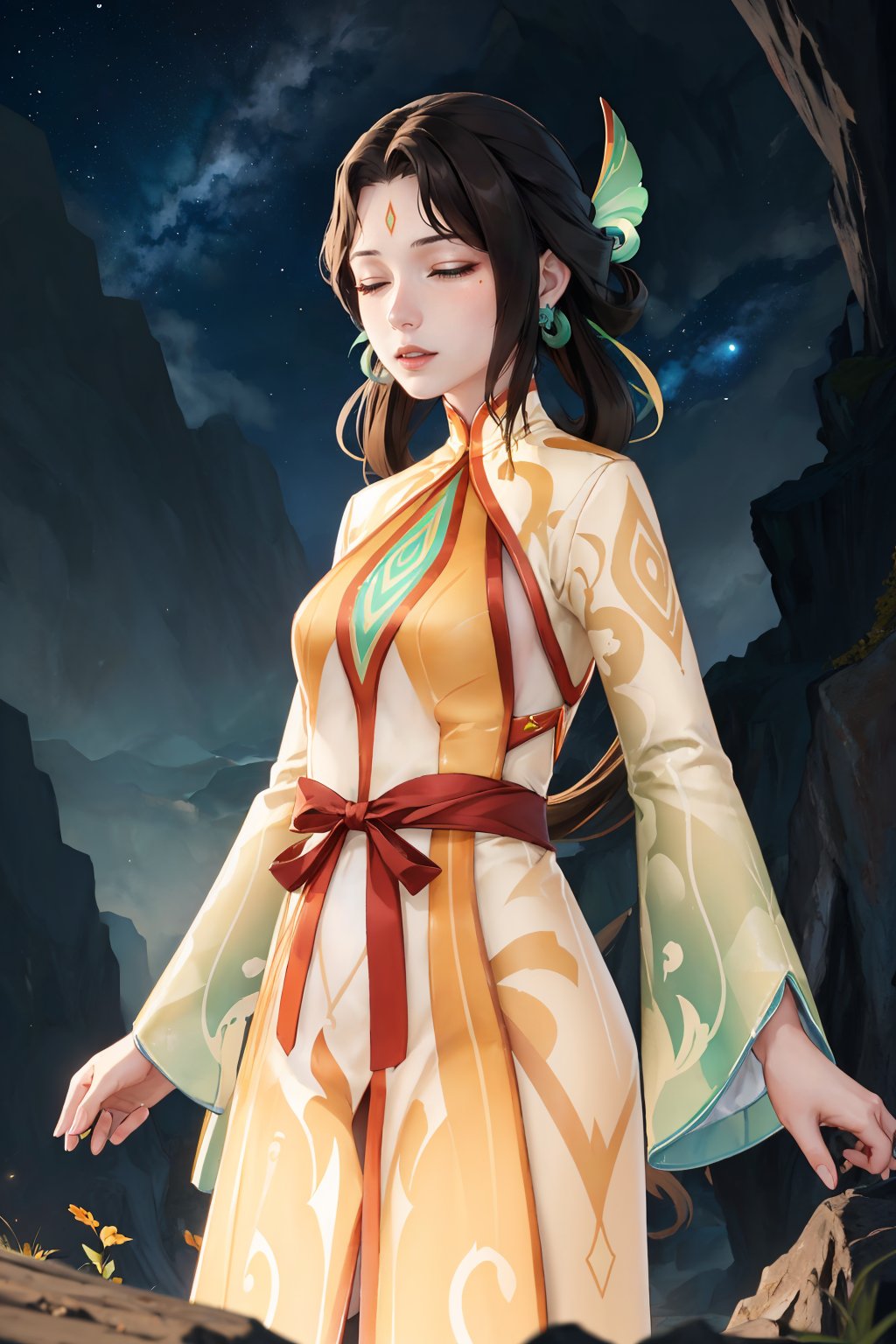 masterpiece, best quality, <lora:genshinfujin-nvwls-v1-000009:1> fujin, hair ornament, long hair, hair rings, earrings, forehead mark, green and orange dress, cowboy shot, closed eyes, lips, night sky, darkness, cavern, looking at viewer, arms at sides