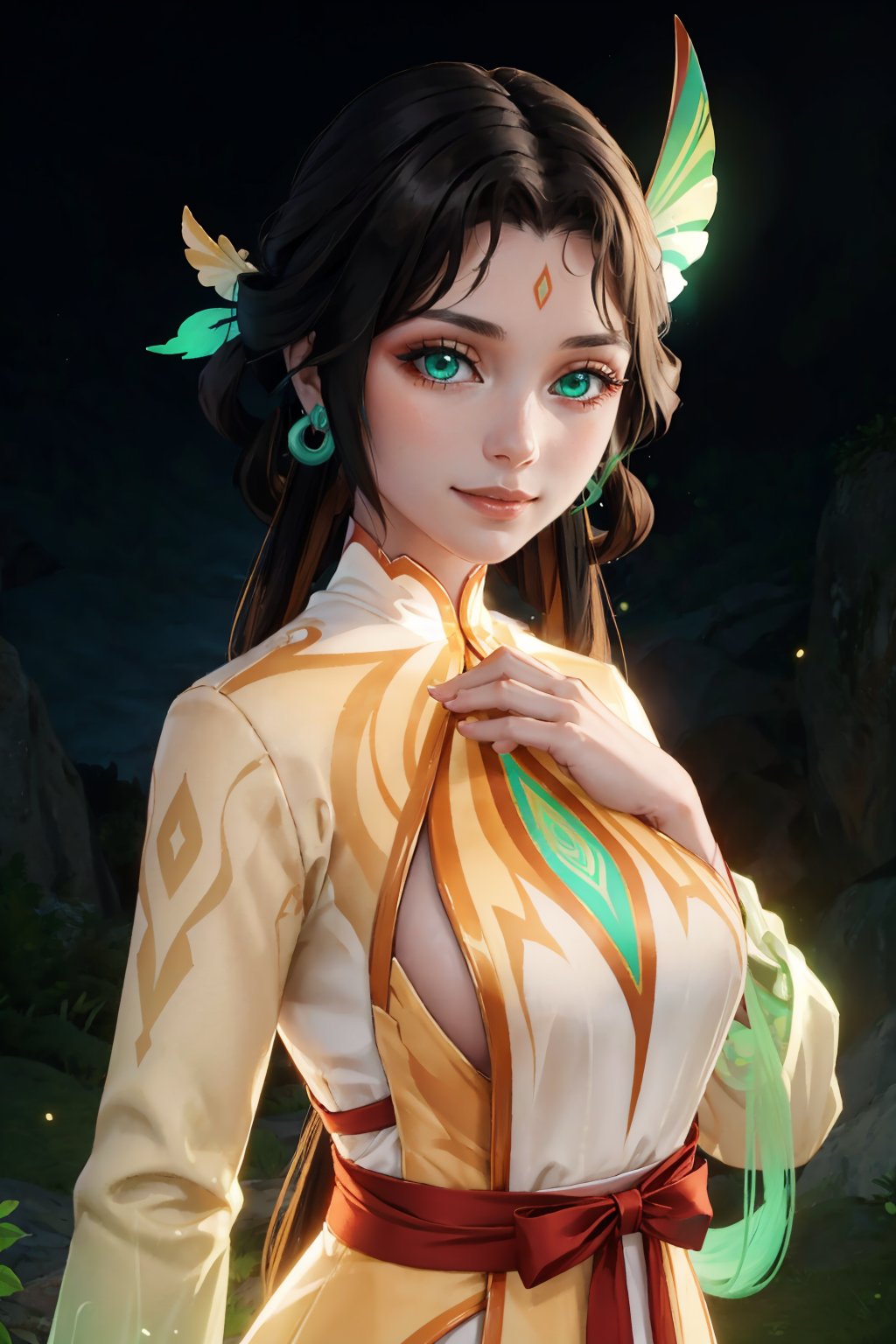 masterpiece, best quality, <lora:genshinfujin-nvwls-v1-000009:1> fujin, hair ornament, long hair, hair rings, earrings, forehead mark, green and orange dress, glowing, green glow, smile, looking at viewer, black background, cowboy shot