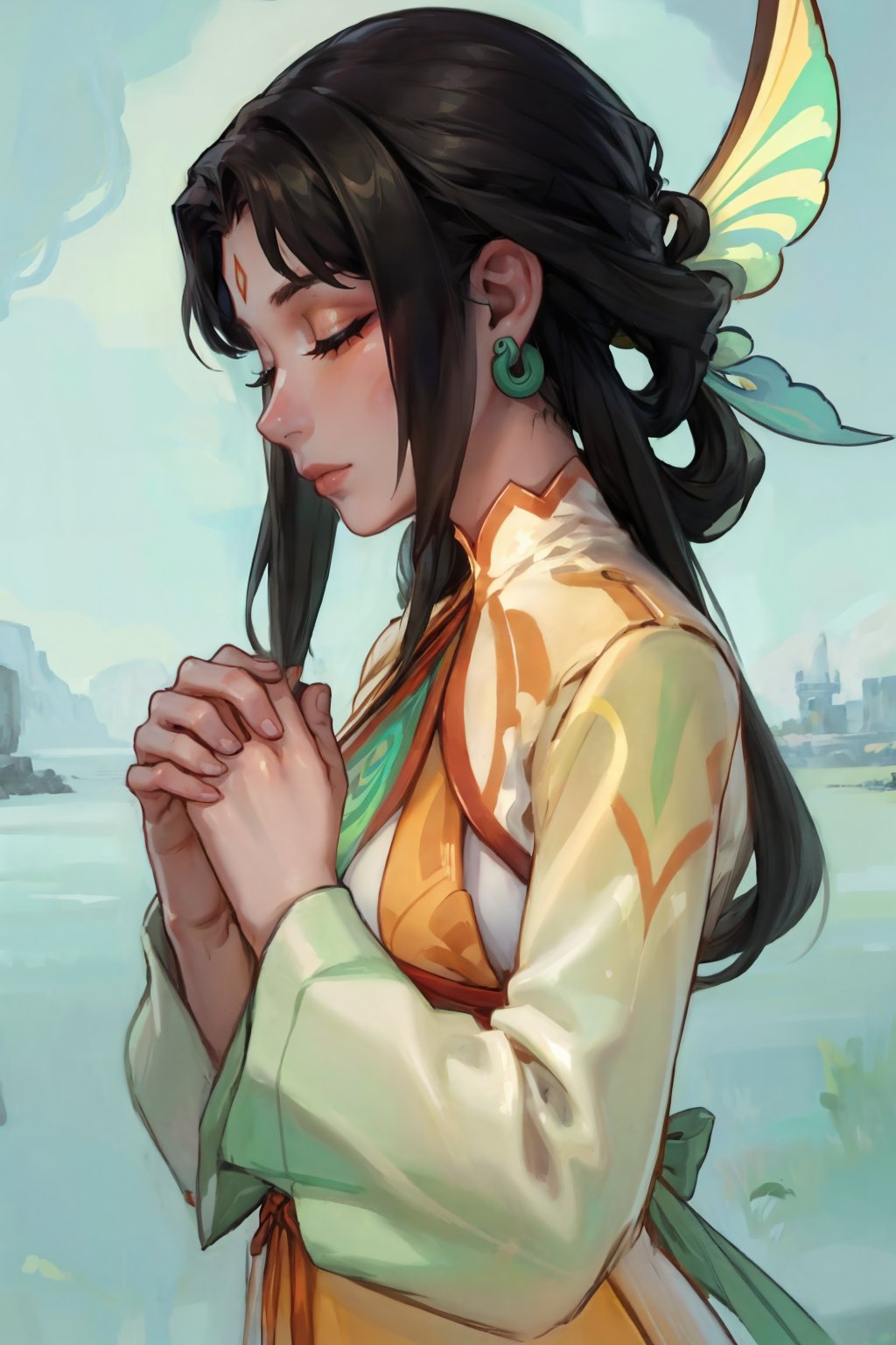 masterpiece, best quality, <lora:genshinfujin-nvwls-v1-000009:1> fujin, hair ornament, long hair, hair rings, earrings, forehead mark, green and orange dress, glowing, closed eyes, own hands together, profile