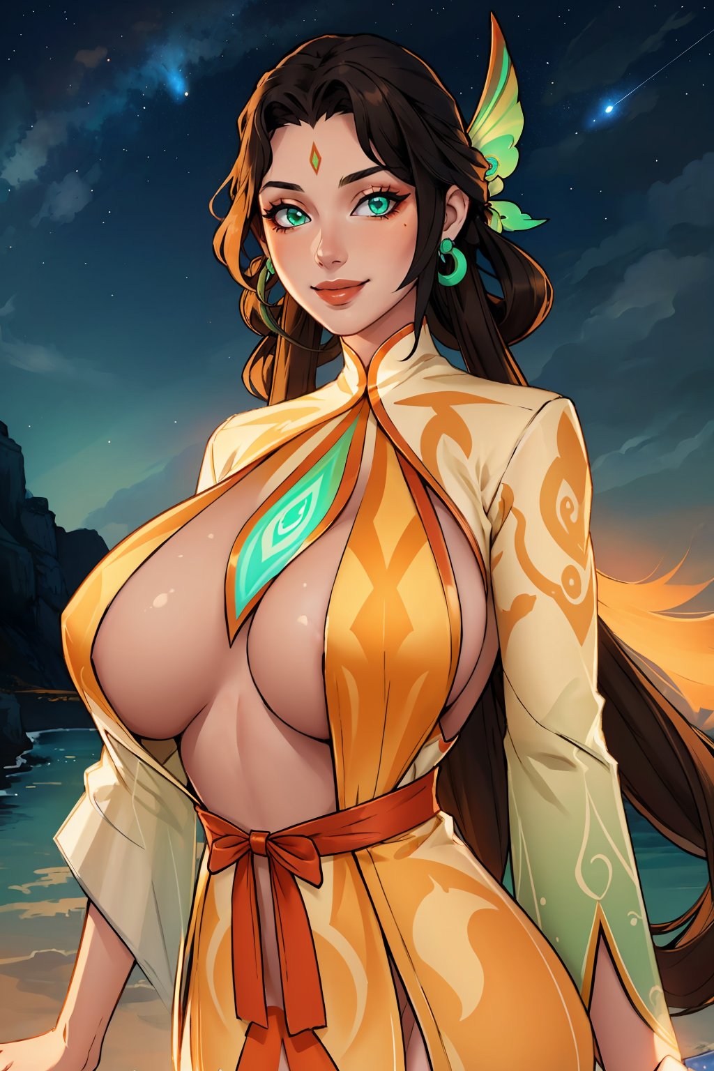 masterpiece, best quality, <lora:genshinfujin-nvwls-v1-000009:1> fujin, hair ornament, long hair, hair rings, earrings, forehead mark, green and orange dress, glowing, looking at viewer, huge breasts, sideboob, smile, night sky