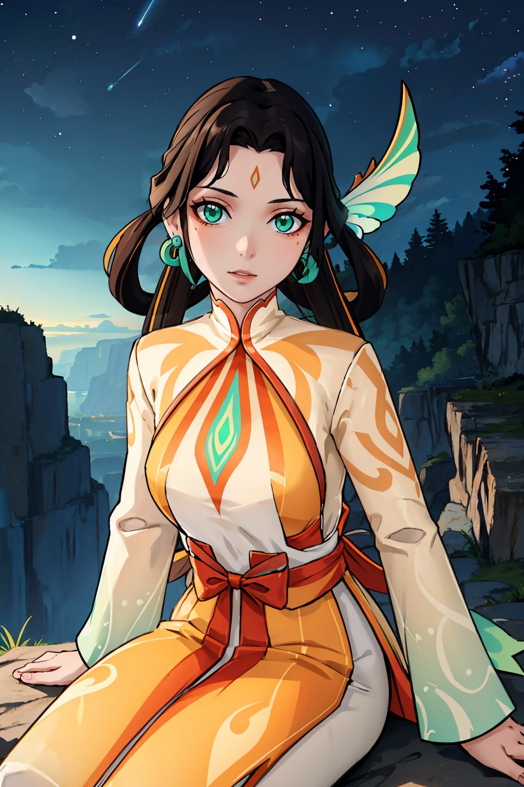 masterpiece, best quality, <lora:genshinfujin-nvwls-v1-000009:1> fujin, hair ornament, long hair, hair rings, earrings, forehead mark, green and orange dress, glowing, looking at viewer, portrait, night sky, cliffs, on ground, sitting