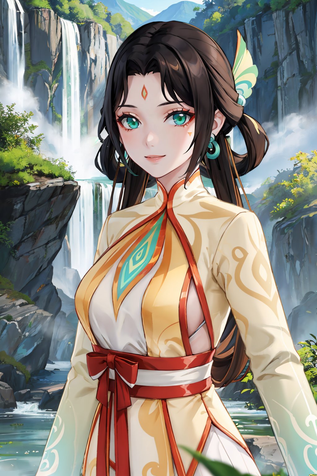 masterpiece, best quality, <lora:genshinfujin-nvwls-v1-000009:0.9> fujin, hair ornament, hair rings, earrings, forehead mark, green and orange dress, upper body, waterfall, cliffs, mountains, looking at viewer, smile