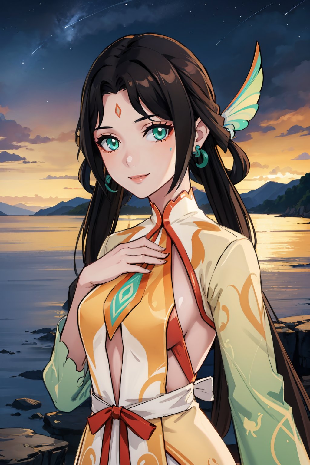 masterpiece, best quality, <lora:genshinfujin-nvwls-v1-000009:0.9> fujin, wing hair ornament, hair rings, earrings, forehead mark, green and orange dress, upper body, hand to own chest, night sky, mountains, ocean, cliffs, smile, looking at viewer