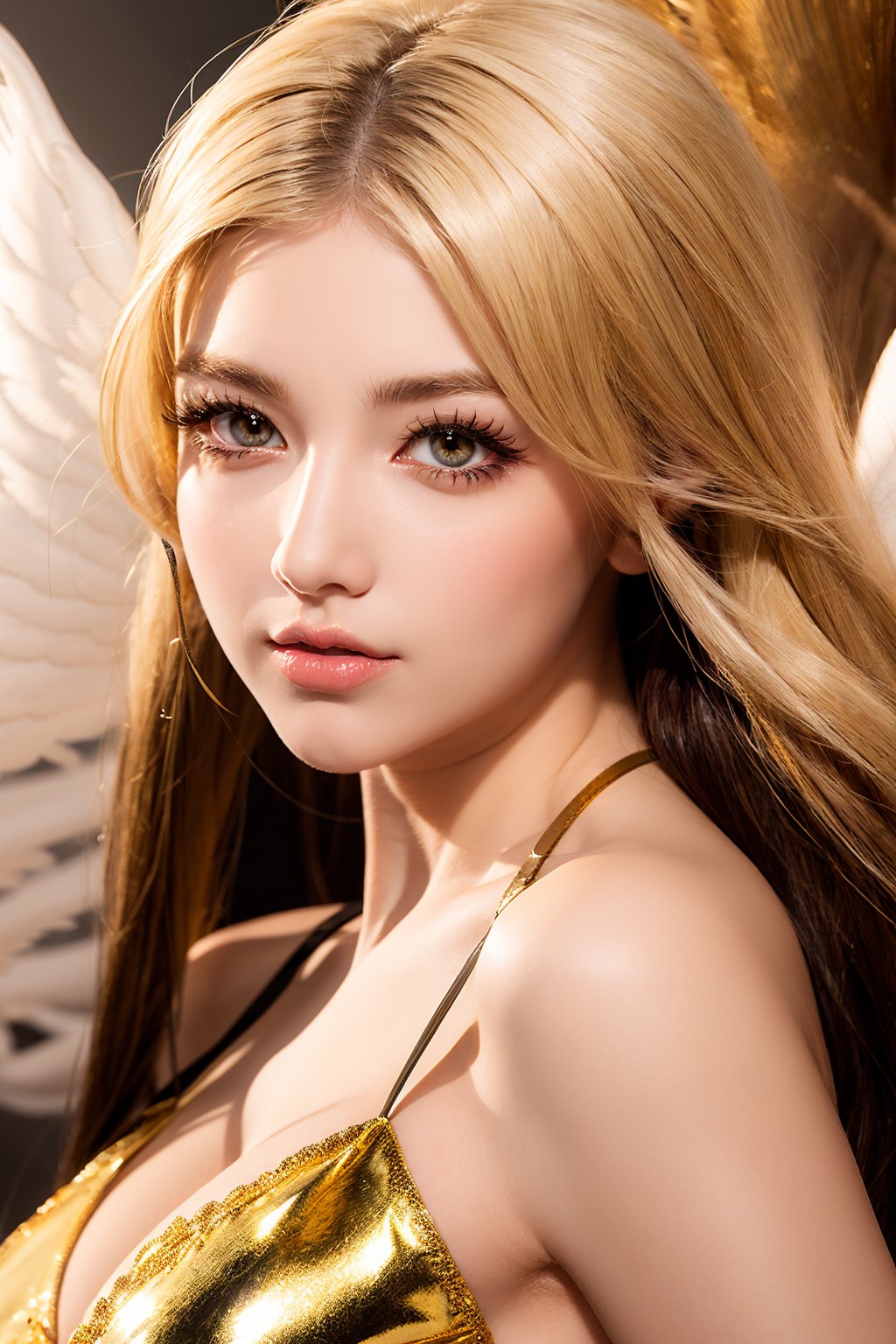 masterpiece, best quality, ultra-detailed, illustration, close-up, straight on, face focus, 1girl, white hair, golden eyes, long hair, halo, angel wings, serene expression, looking at viewer