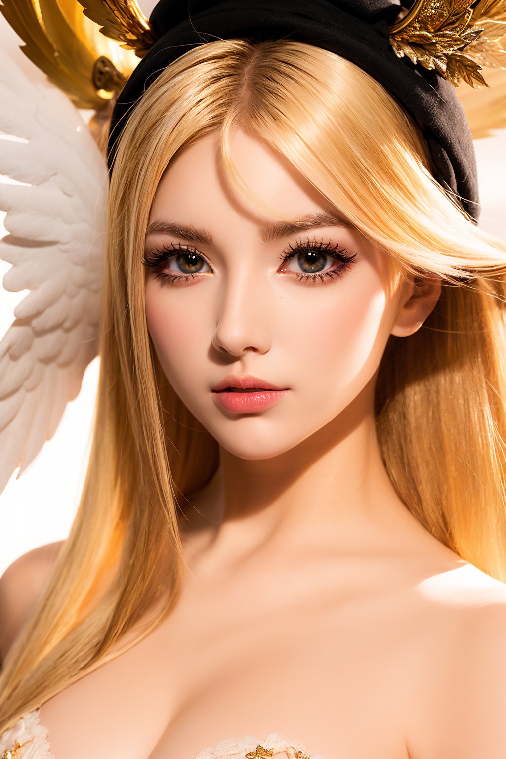 masterpiece, best quality, ultra-detailed, illustration, close-up, straight on, face focus, 1girl, white hair, golden eyes, long hair, halo, angel wings, serene expression, looking at viewer