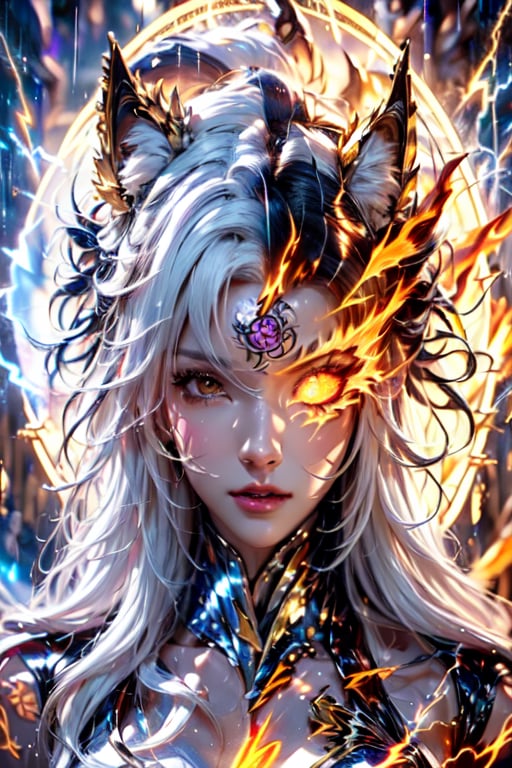 (((white hair))),  (((white bodysuit))),  (((lightning eye))),  (((fire))),  (((magic circle))),  (((tattoo))),  (((wolf ears))),  best quality,  masterpiece,  beautiful and aesthetic,  16K,  (HDR:1.4),  high contrast,  bokeh:1.2,  lens flare,  (vibrant color:1.4),  (muted colors,  dim colors,  soothing tones:0),  cinematic lighting,  ambient lighting,  sidelighting,  Exquisite details and textures,  cinematic shot,  Warm tone,  (Bright and intense:1.2),  wide shot,  by playai,  ultra realistic illustration,  siena natural ratio,  anime style,<lora:EMS-282309-EMS:0.800000>