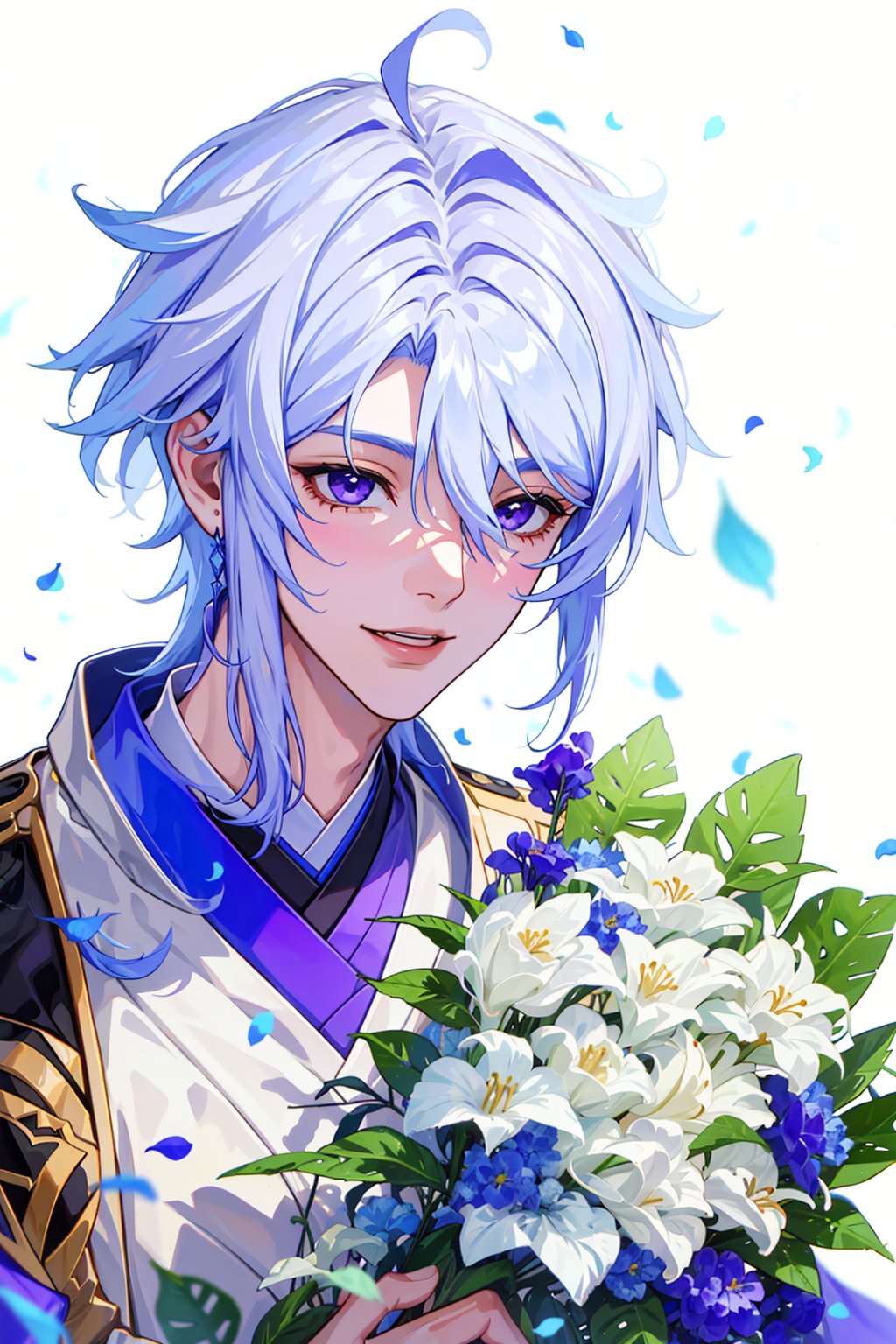 kamisato ayato, ,genshin impact,1boy, solo, bangs, 1boy, hair between eyes, white hair, long hair, male focus, petals, leaf, white background, bouquet, happy, smile