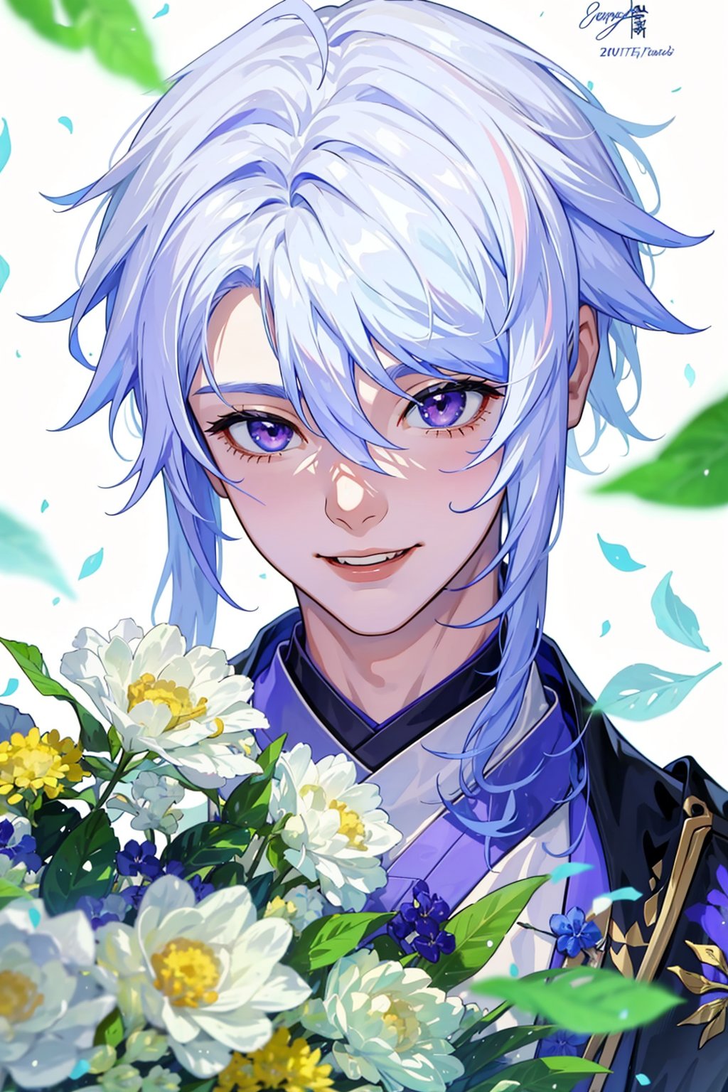 kamisato ayato, ,genshin impact,1boy, solo, bangs, 1boy, hair between eyes, white hair, long hair, male focus, petals, leaf, white background, bouquet, happy, smile