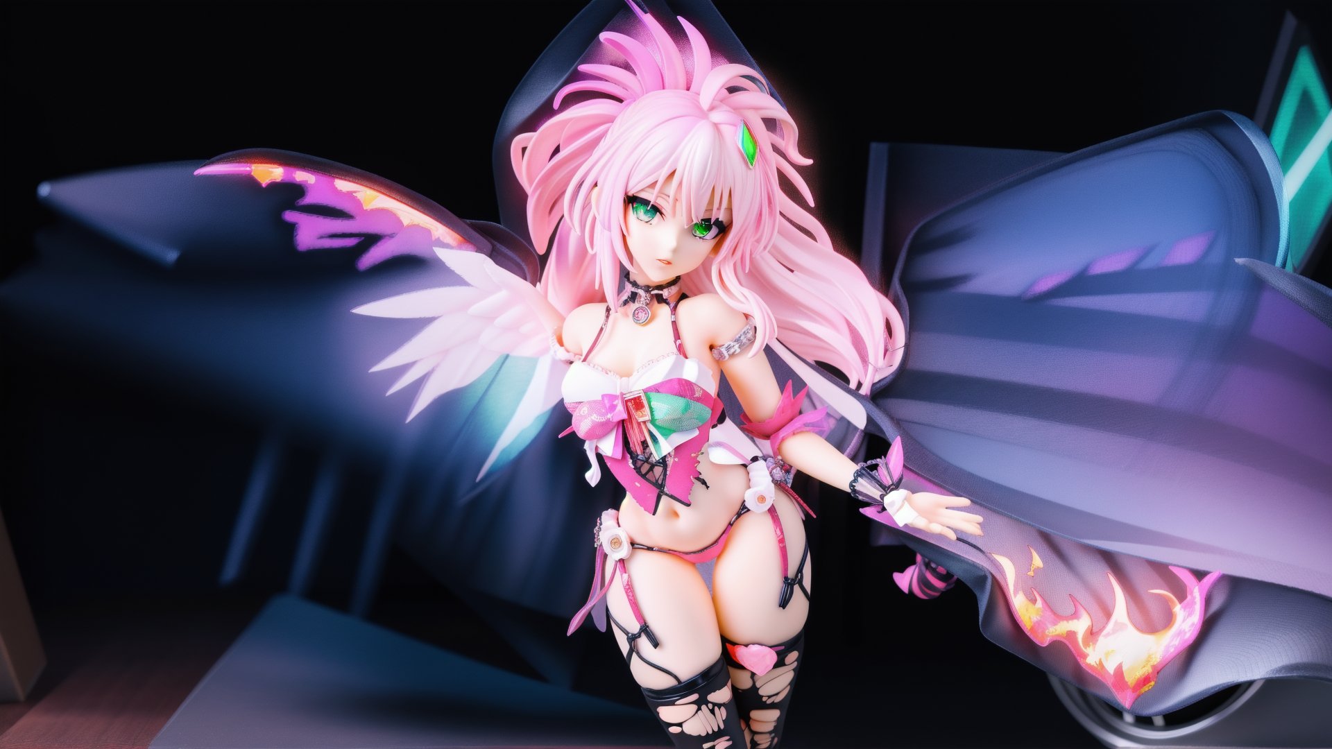 tall anime_doll,punk-hair,anime_wink_fire-opal-eyes,slim-body,curvy hips,1wing black,tattered-torn-punk-clothing,pursed lips,real-doll-style, doll-joints,80's-style glamour-shot,realistic photograph, source lighting, rim lighting, radial lighting,random noise background,color-boost,intricate, ornate, elegant and refined,glowing-emerald neon_pink-illumination,3D,Action Figure,Anime,Doll,Fashion,best quality,masterpiece,80sFashionRobot,Goth