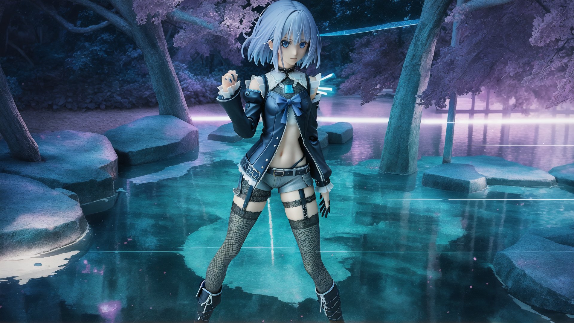 realistic photography,anime doll-girl,doll joints,half-punk-hair,sly anime-eyes,smug,skinny-body,thick-hips,tattered-asymetric fishnet-outfit,lace sleeve,opal shoulder-plate,source lighting, rim lighting, radial lighting,color-boost,intricate, ornate, elegant and refined,glowing-illumination,3D,Goth